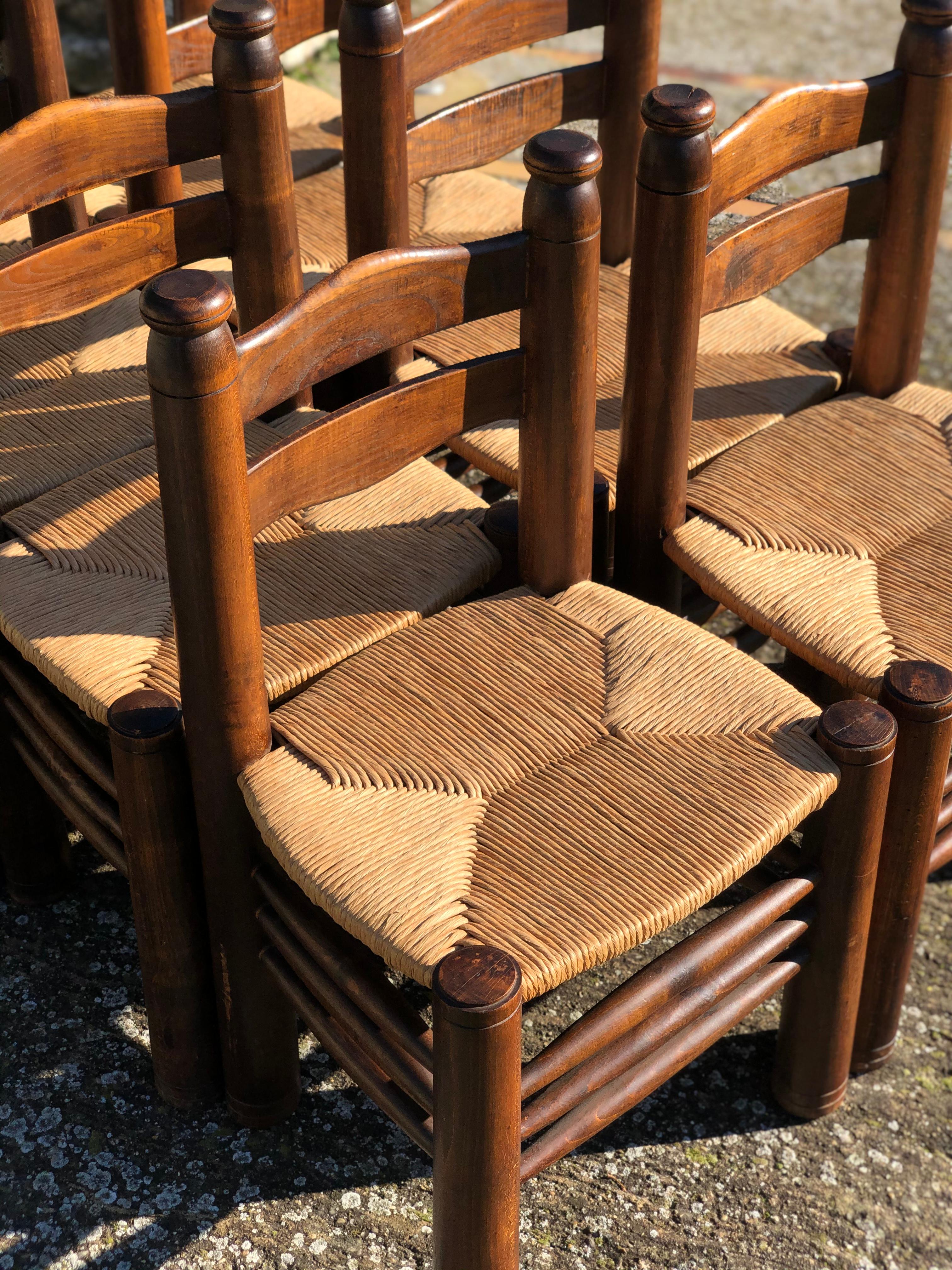 Mid-20th Century Set of 8 Chairs Charles Dudouyt Oak, 1940 For Sale