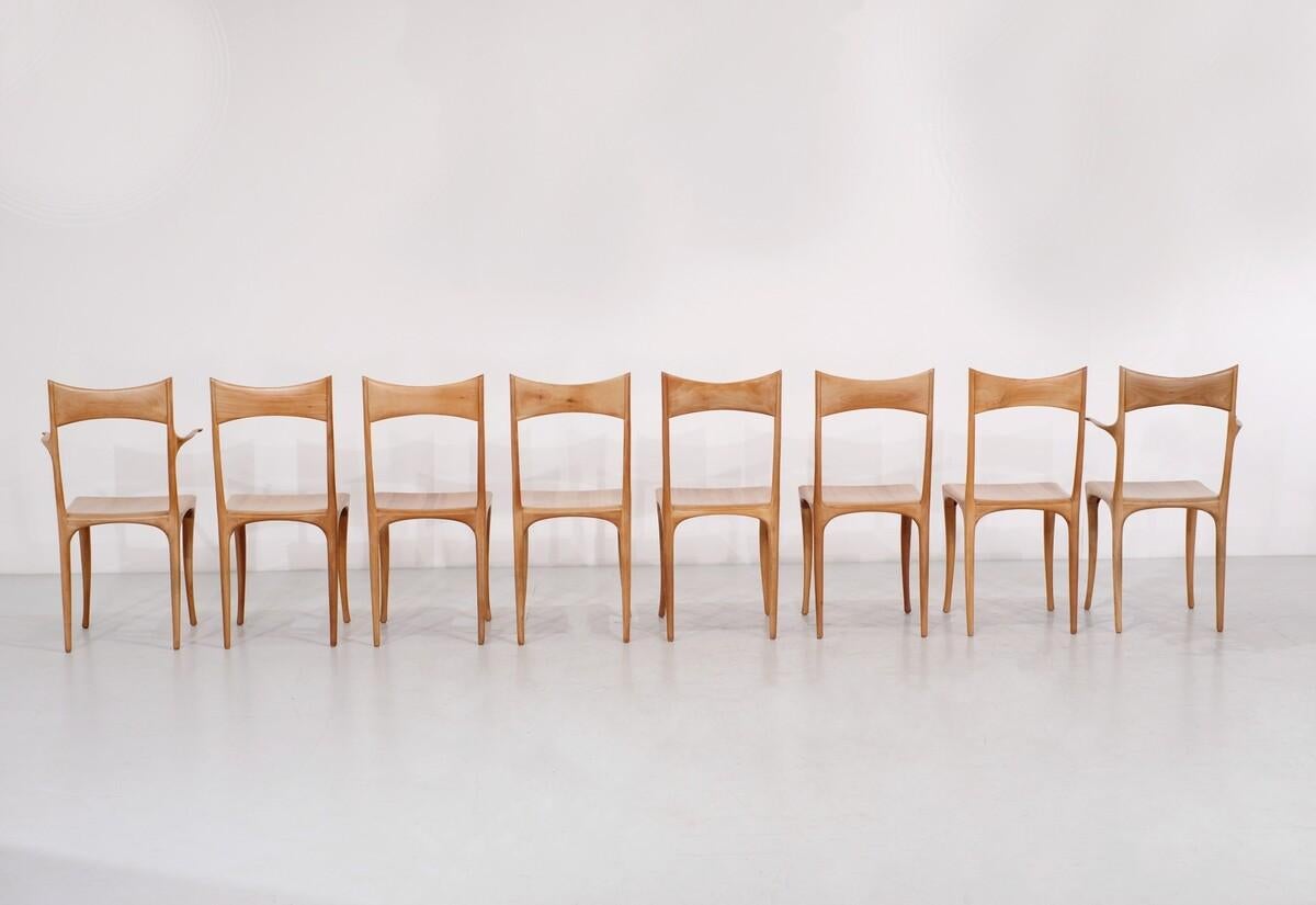 Noyer Ensemble de 8 chaises « Chrobera Segunda » de Roberto Lazzeroni pour Ceccotti, années 1980 en vente