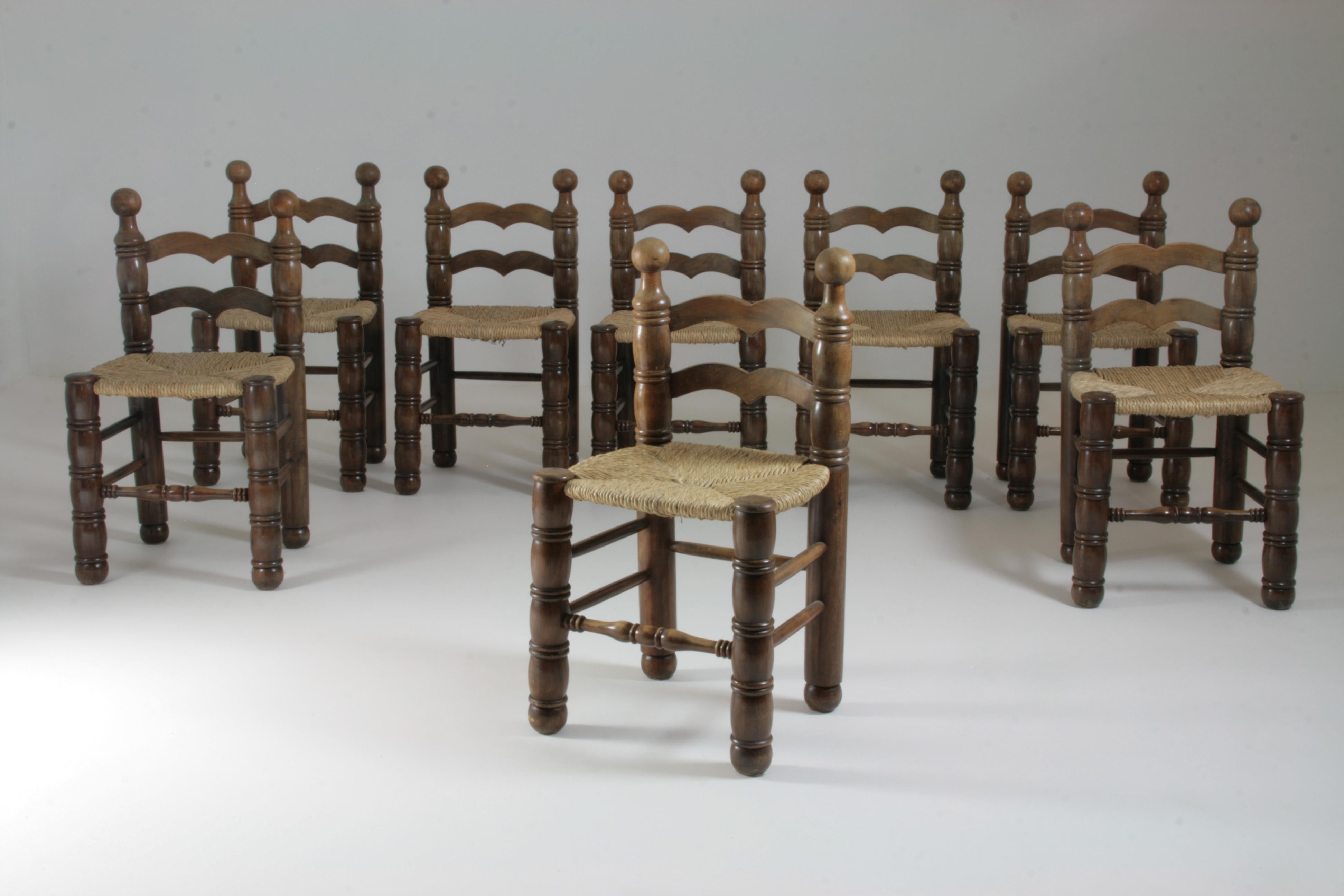 Straw Set of 8 Chairs in the Manner of Charles Dudouyt, France, 1950s