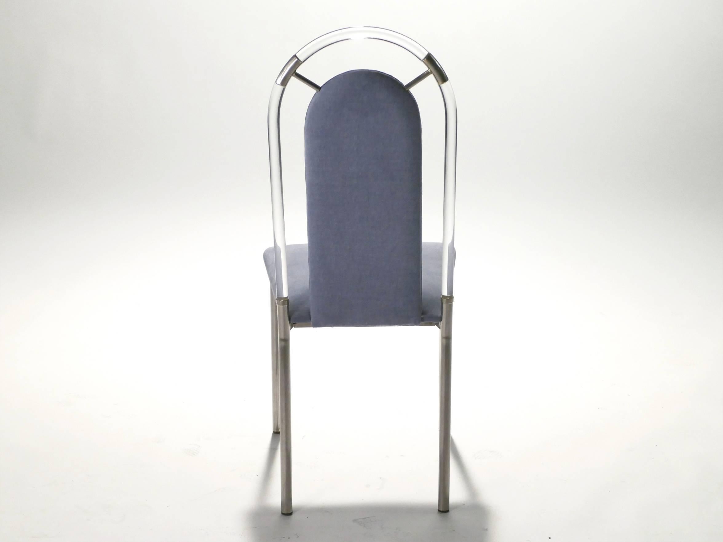French Set of Eight Chairs Plexiglass and Gunmetal by Maison Jansen, 1970s