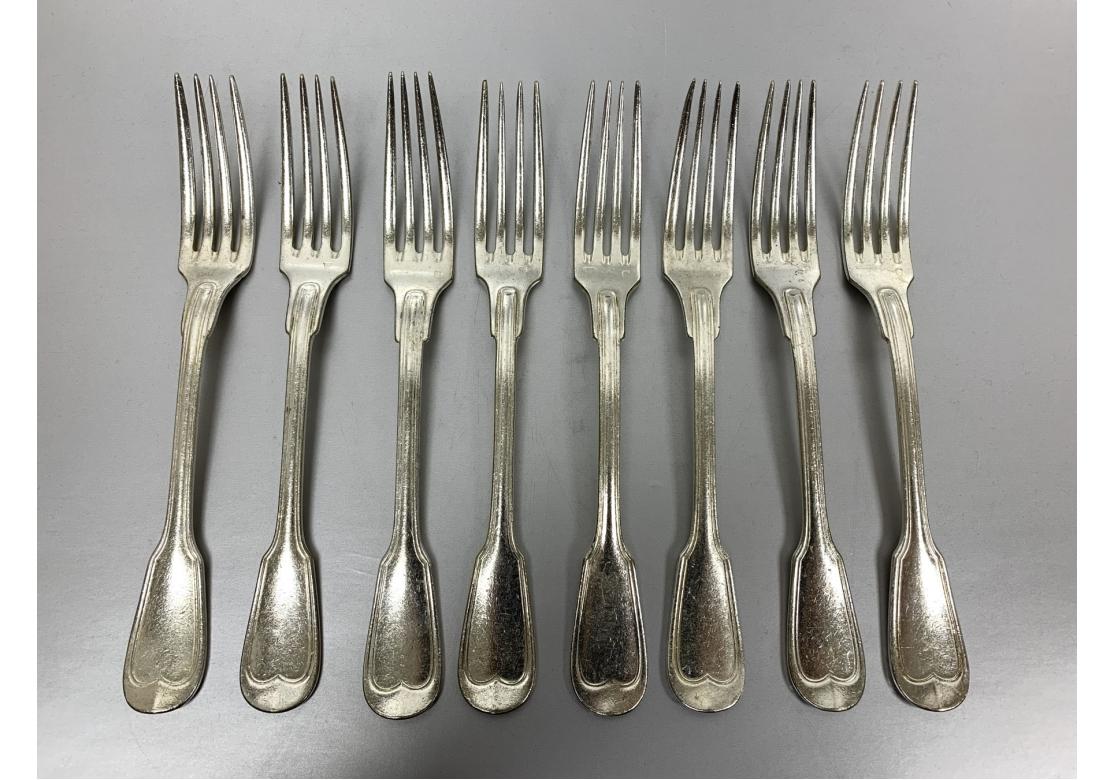 A set of 8 high quality durable silver-plated flatware by Chambly, designed for heavy use and from the iconic Carlyle Hotel located in Manhattan.  The flatware stamped Chambly and hallmarked as shown with good weight and balance.  Made in France.