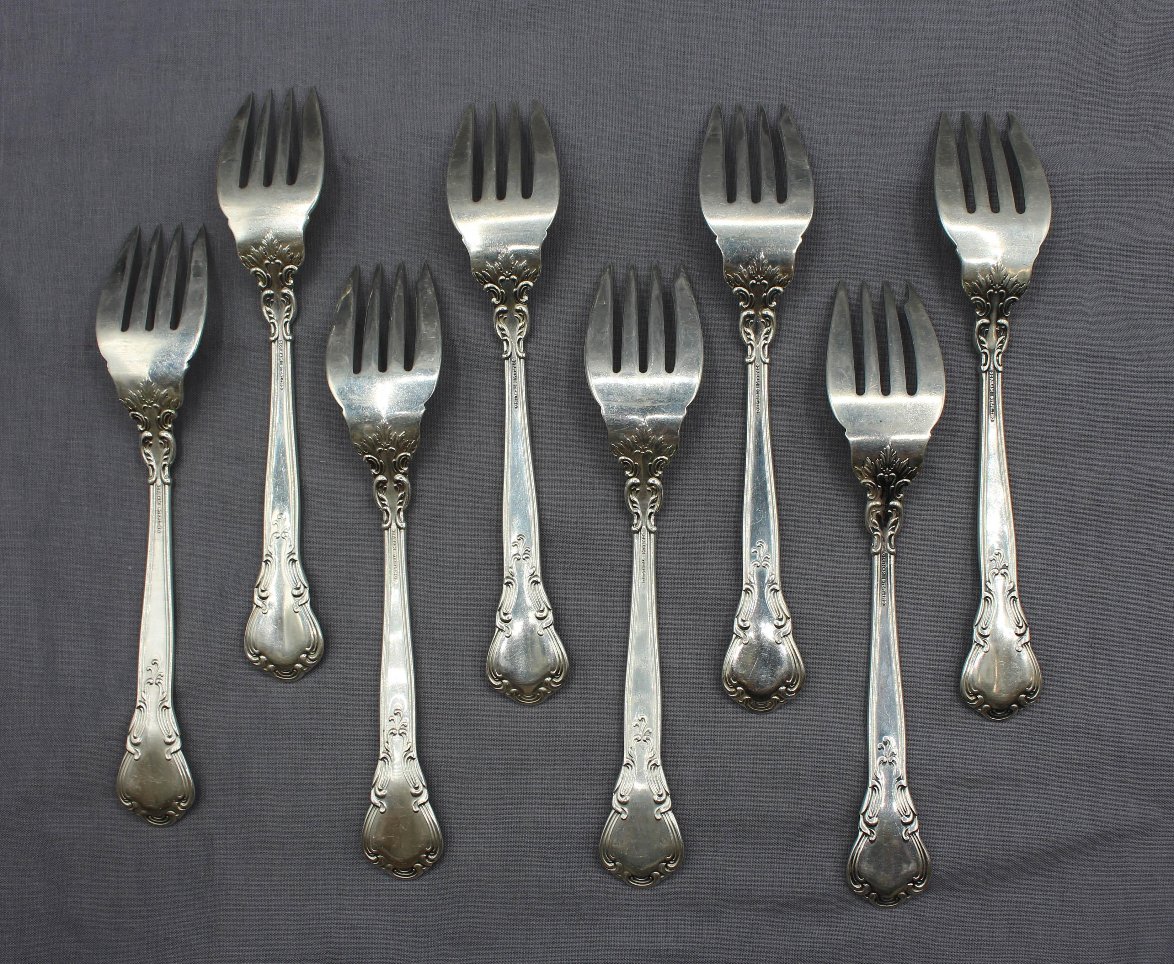 Set of 8 Chantilly sterling silver salad or dessert forks by Gorham. Never engraved. 9.70 troy oz.
6 3/8