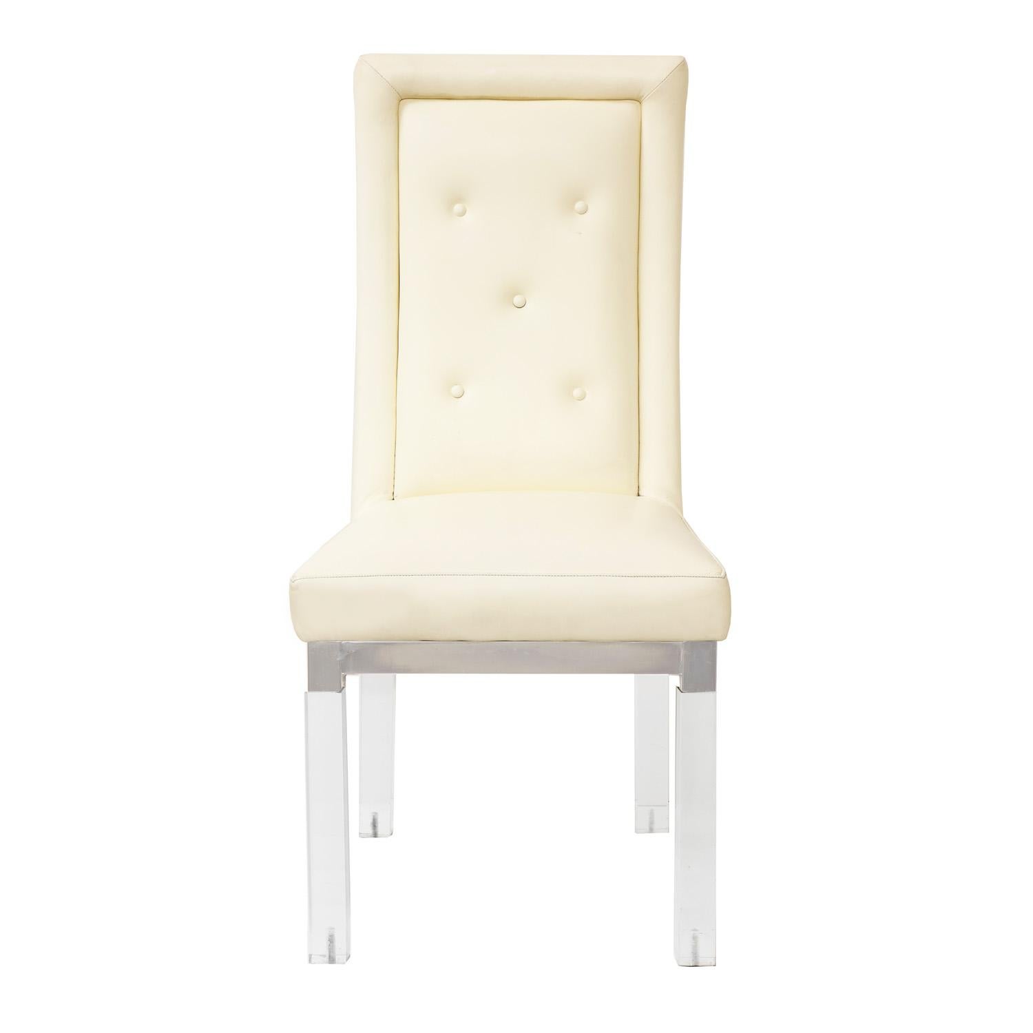 Set of 8 dining dining chairs upholstered in cream color leather with Lucite legs and polished nickel fittings by Charles Hollis Jones. American 1970's.
