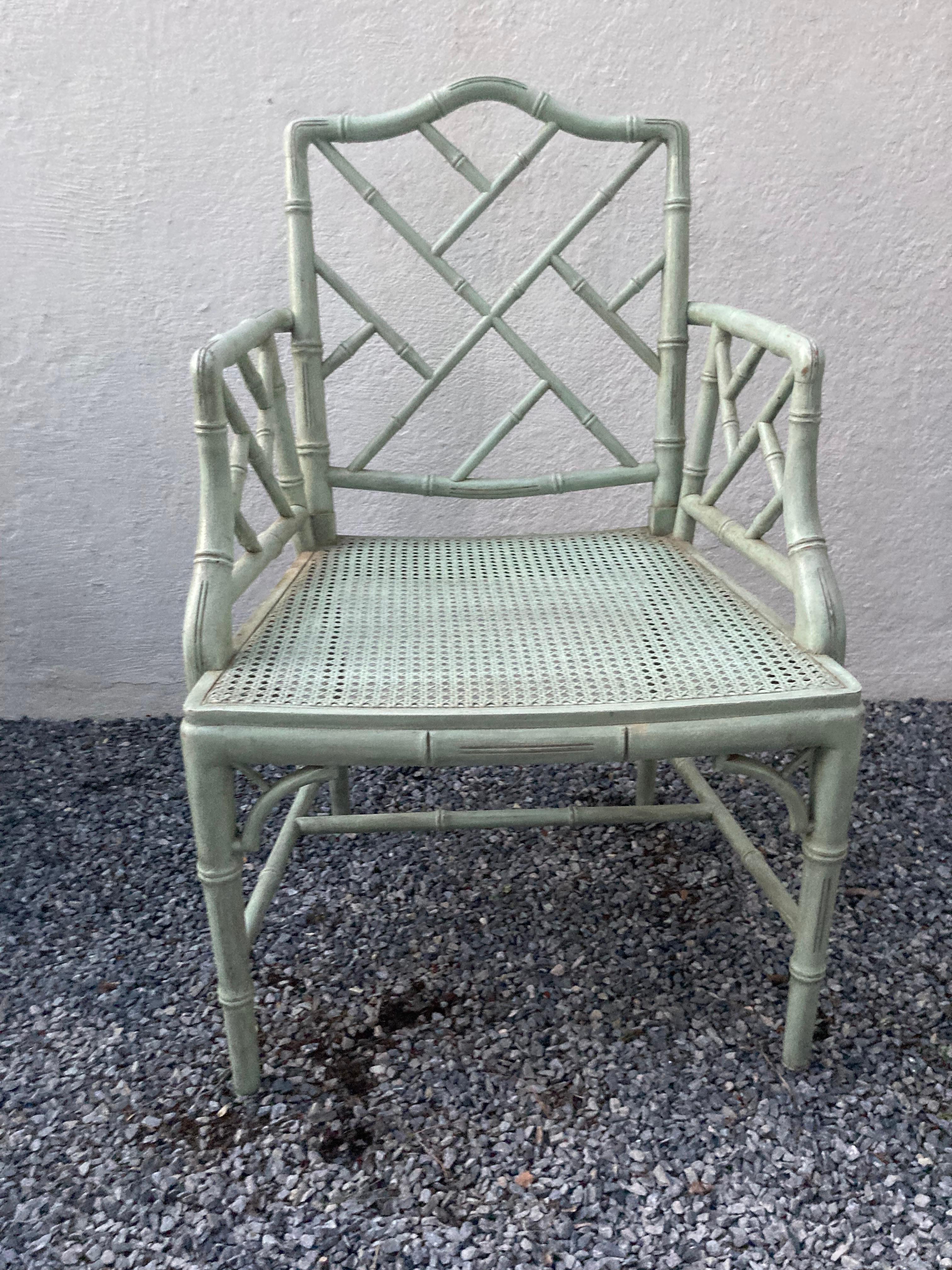 A very attractive set of 8 dining chairs. 6 armless and 2 armchairs. Chinese Chippendale style faux bamboo and painted light green with cane seats. they also come with leopard print fabric cushions.