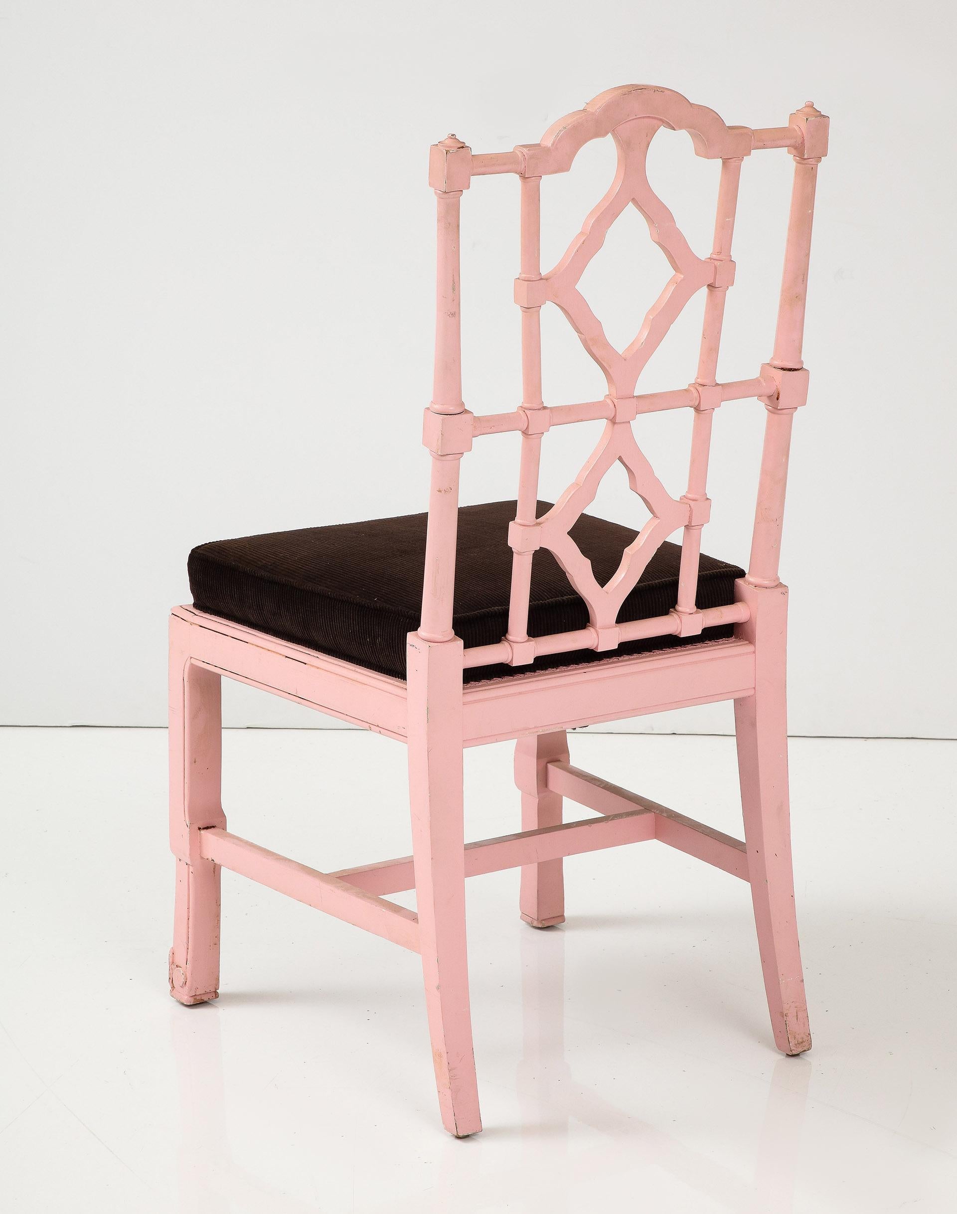 Set of 8 Chinese Chippendale Style Pink Painted Chairs For Sale 7