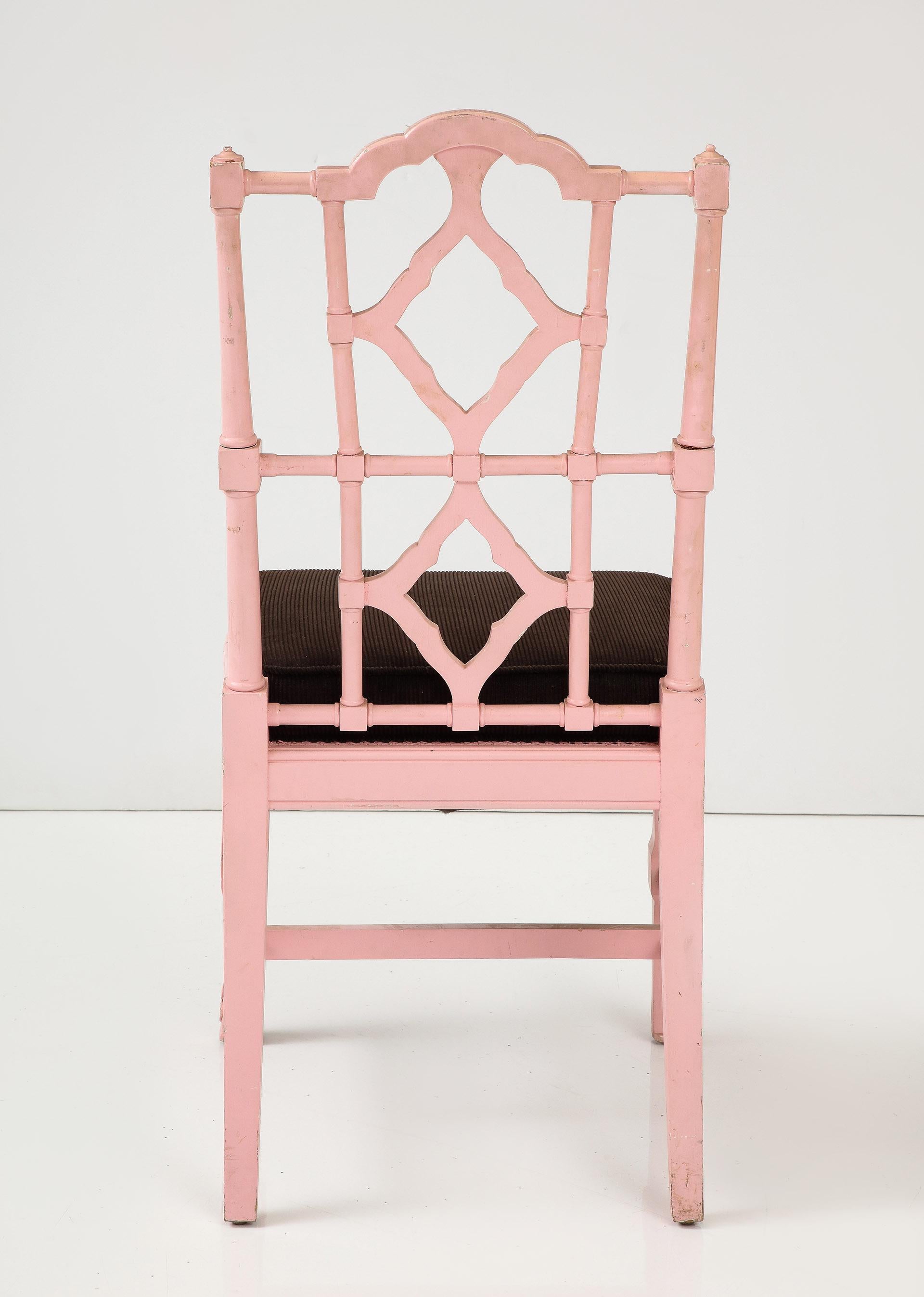 Set of 8 Chinese Chippendale Style Pink Painted Chairs For Sale 8