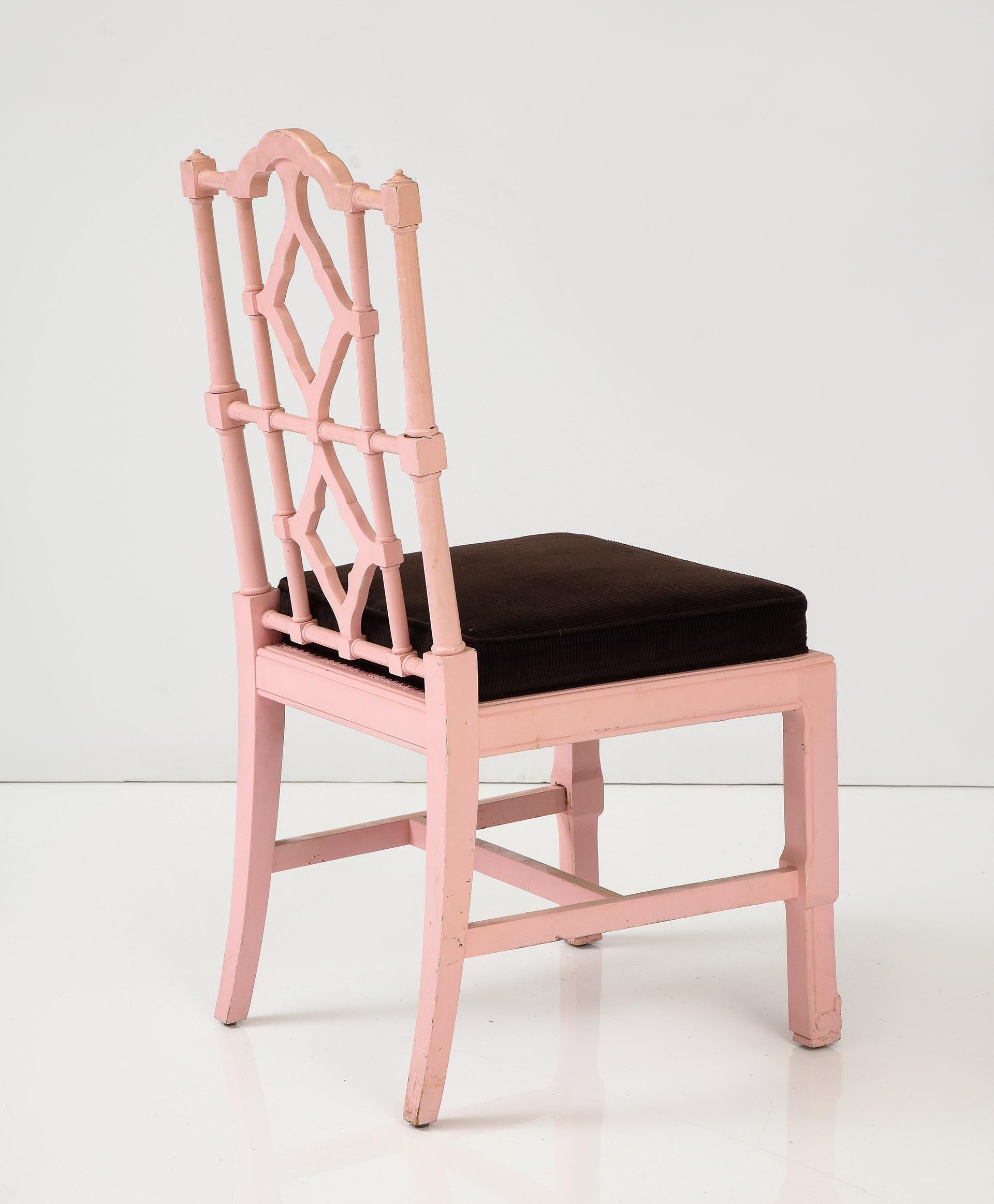 Set of 8 Chinese Chippendale Style Pink Painted Chairs For Sale 9