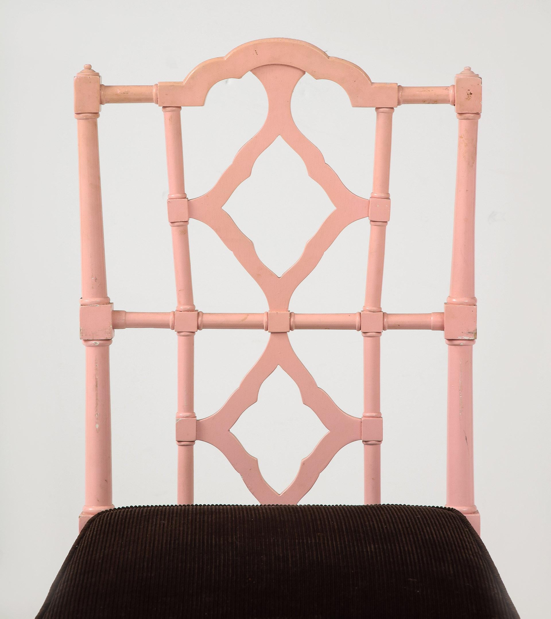 Set of 8 Chinese Chippendale Style Pink Painted Chairs For Sale 12