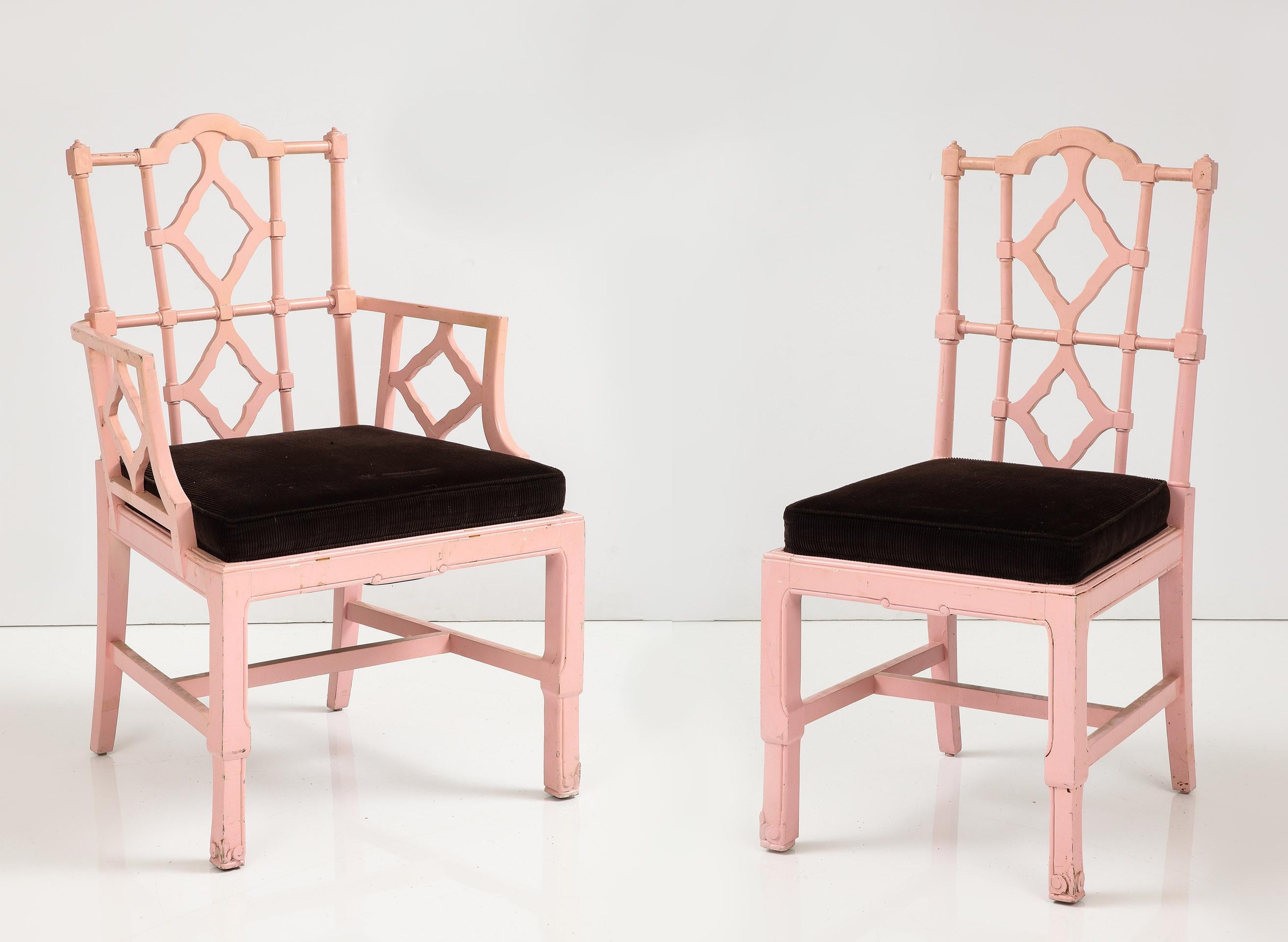 Pink painted faux bamboo chairs consisting of 2 arms and 6 sides.
Arm Height:  26.5 
Side Chair Width: 18