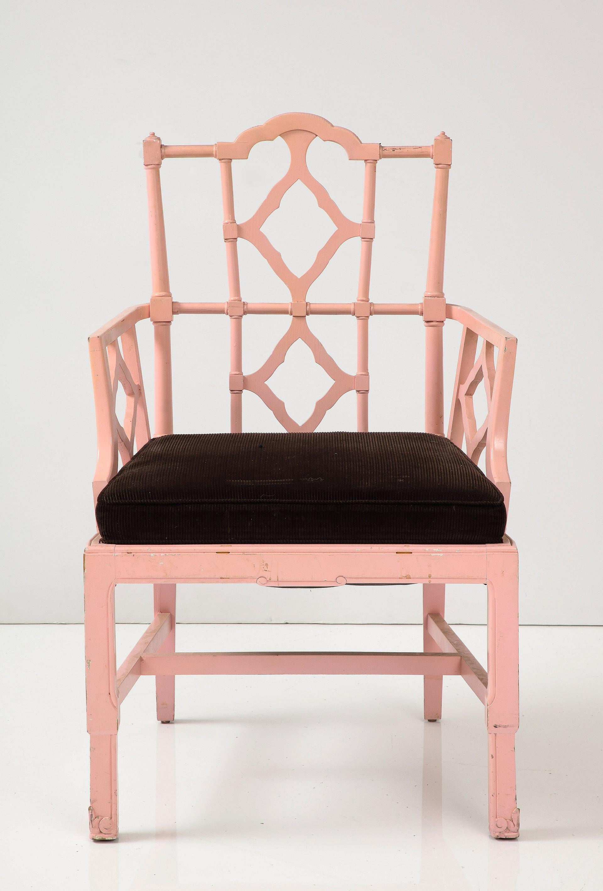Wood Set of 8 Chinese Chippendale Style Pink Painted Chairs For Sale
