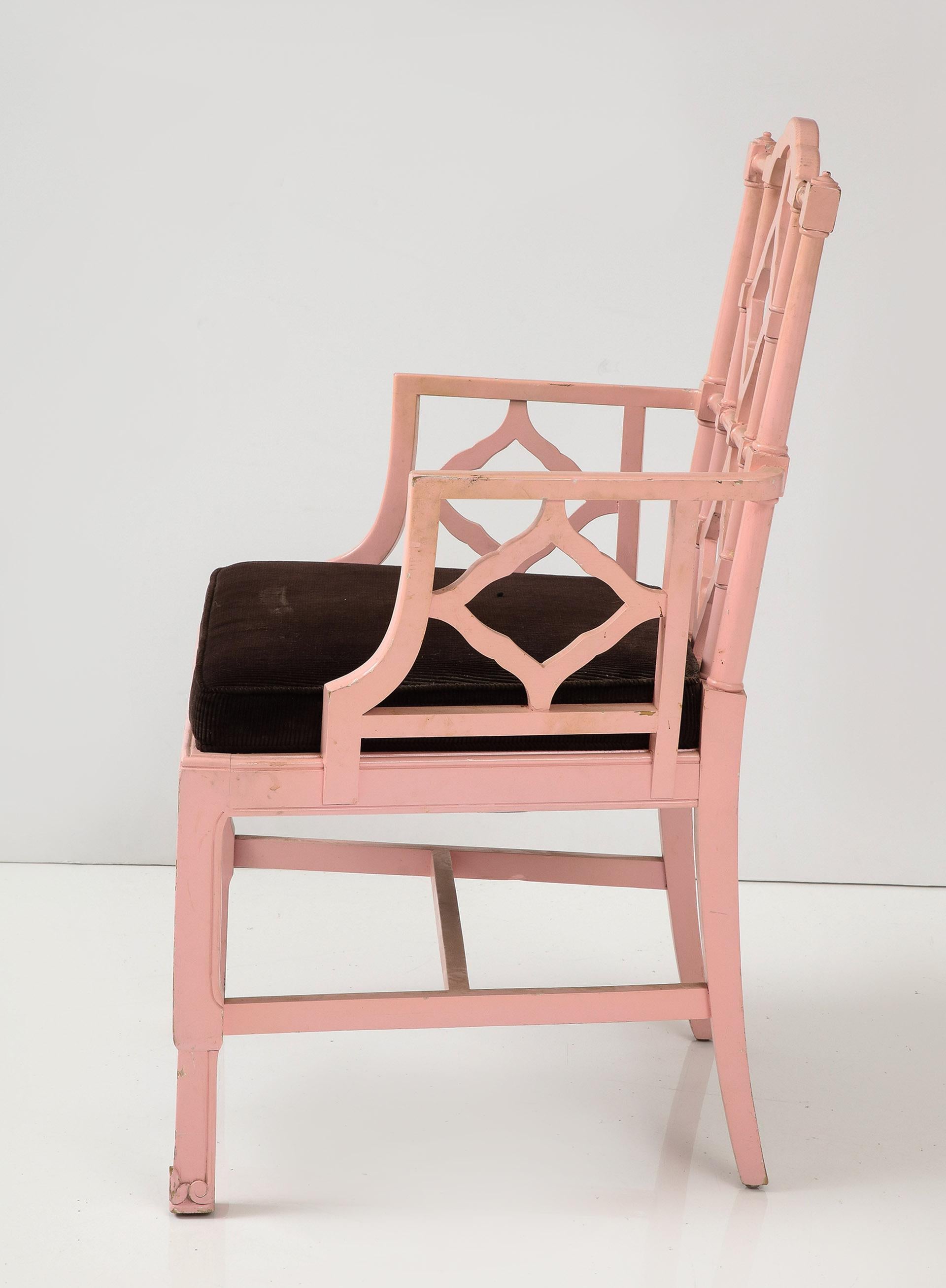 Set of 8 Chinese Chippendale Style Pink Painted Chairs For Sale 1