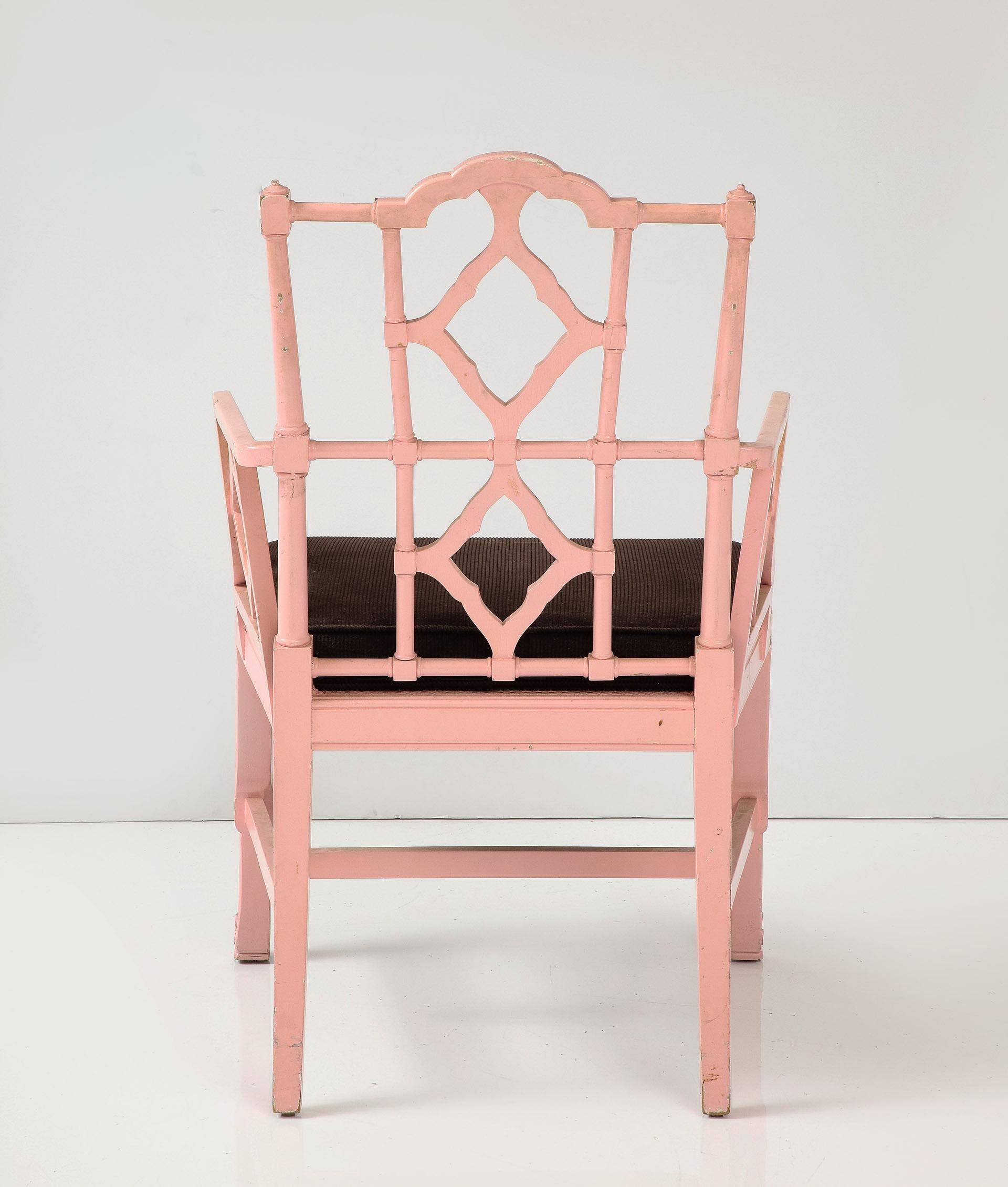 Set of 8 Chinese Chippendale Style Pink Painted Chairs For Sale 3