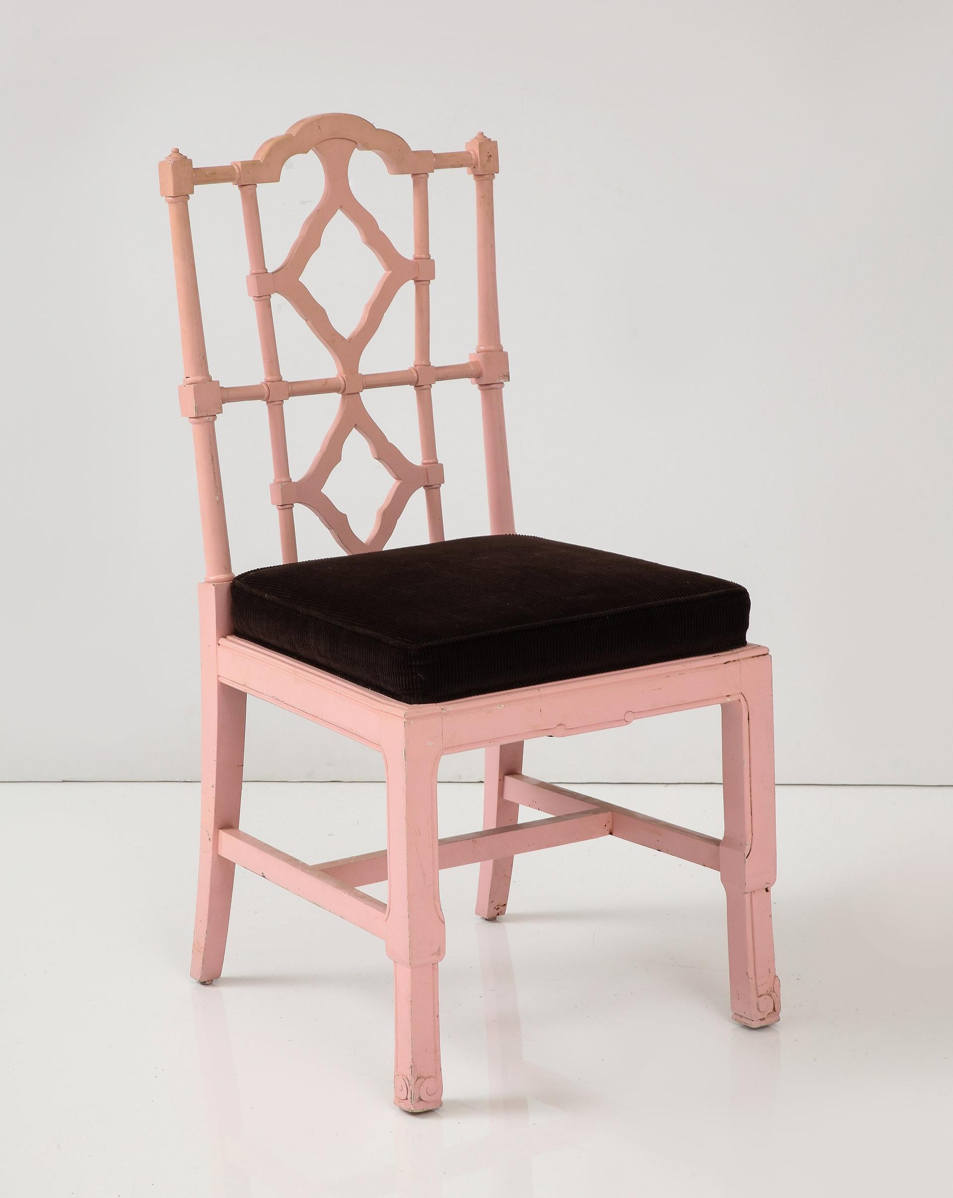 Set of 8 Chinese Chippendale Style Pink Painted Chairs For Sale 4