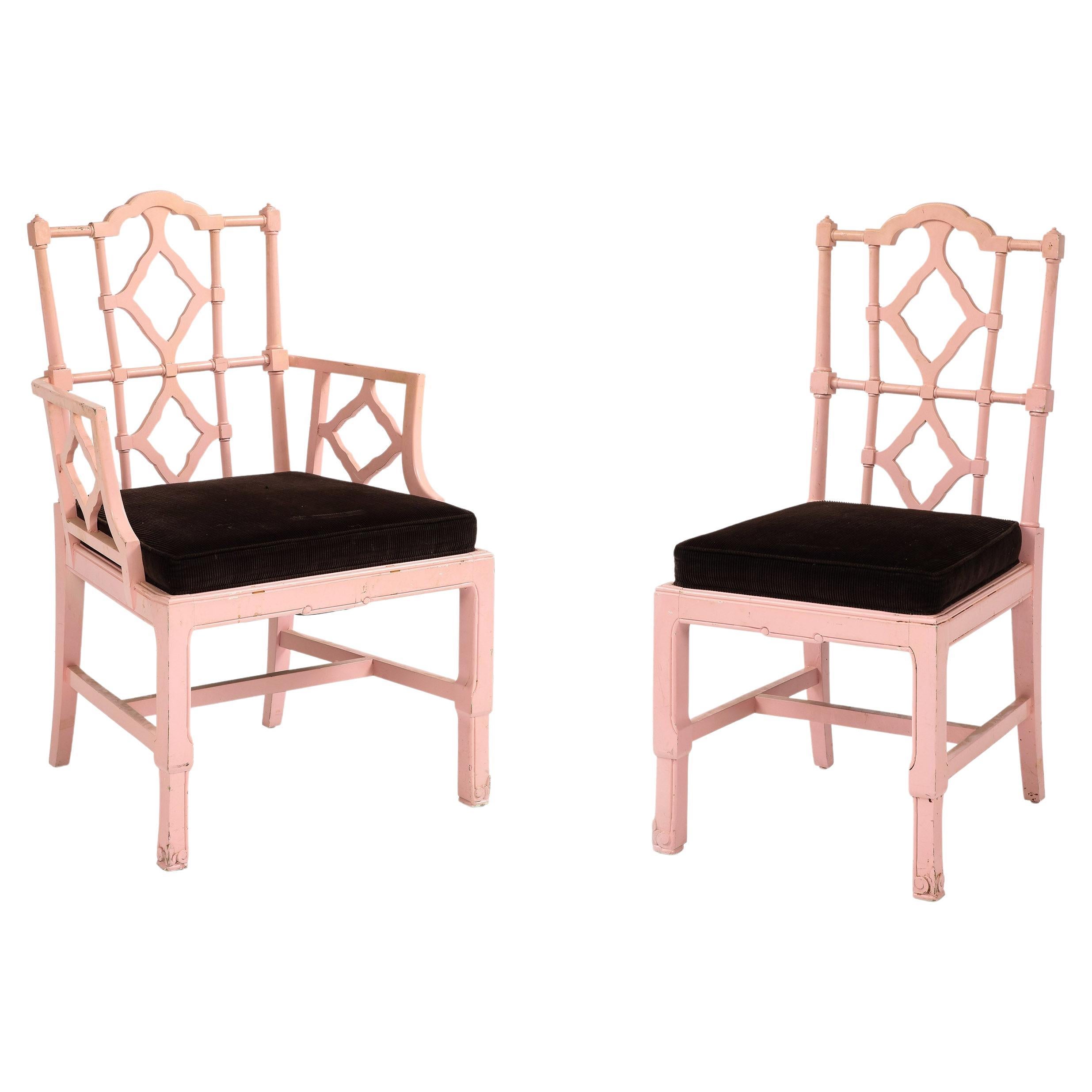 Set of 8 Chinese Chippendale Style Pink Painted Chairs For Sale