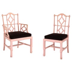 Retro Set of 8 Chinese Chippendale Style Pink Painted Chairs