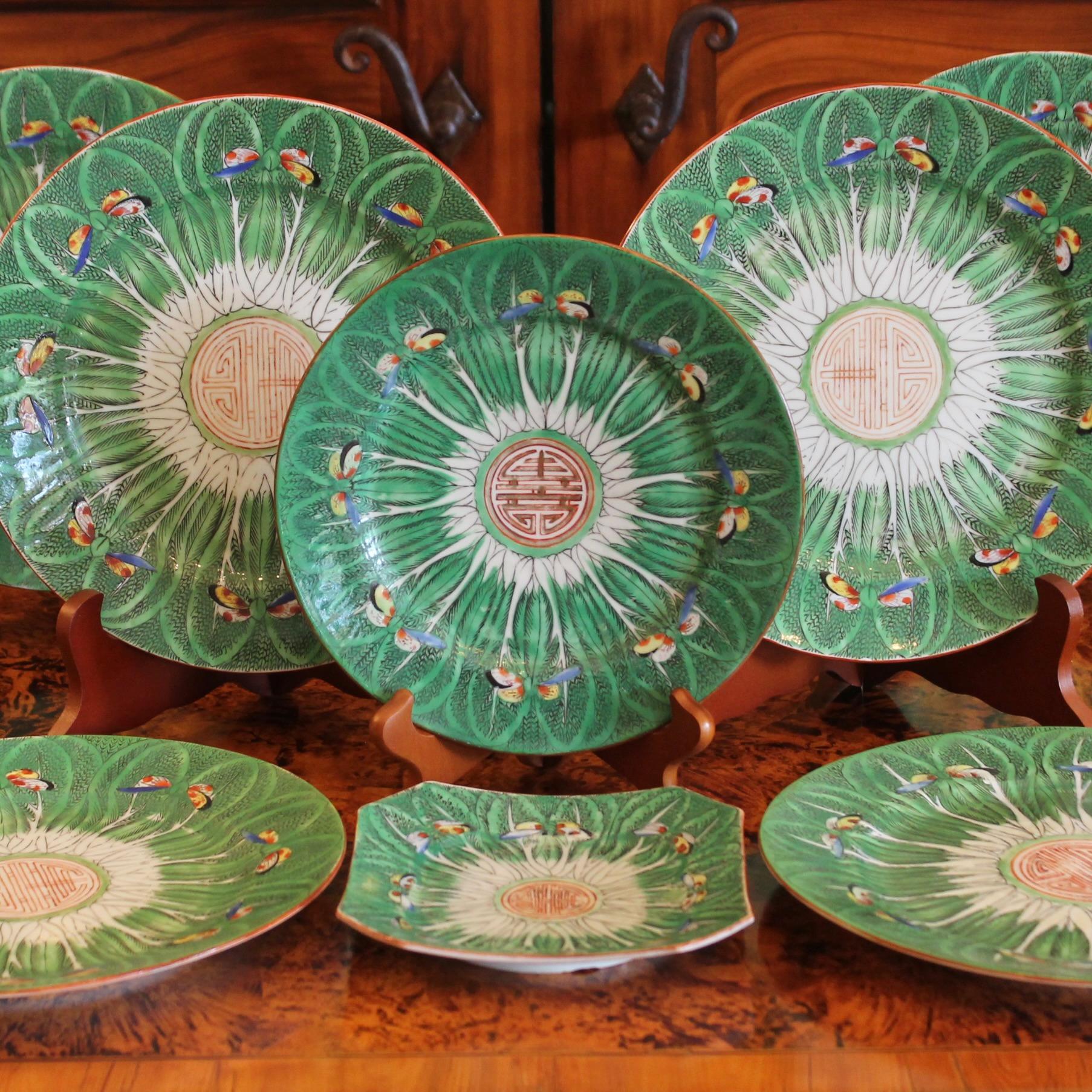 Set of 8 Chinese Export Green Cabbage Dishes
A highly collectible pattern, often called the “Cabbage Pattern,” more precisely, a bold leafy pattern based on bok choy. This is a rare group including six dinner size plates along with a smaller plate