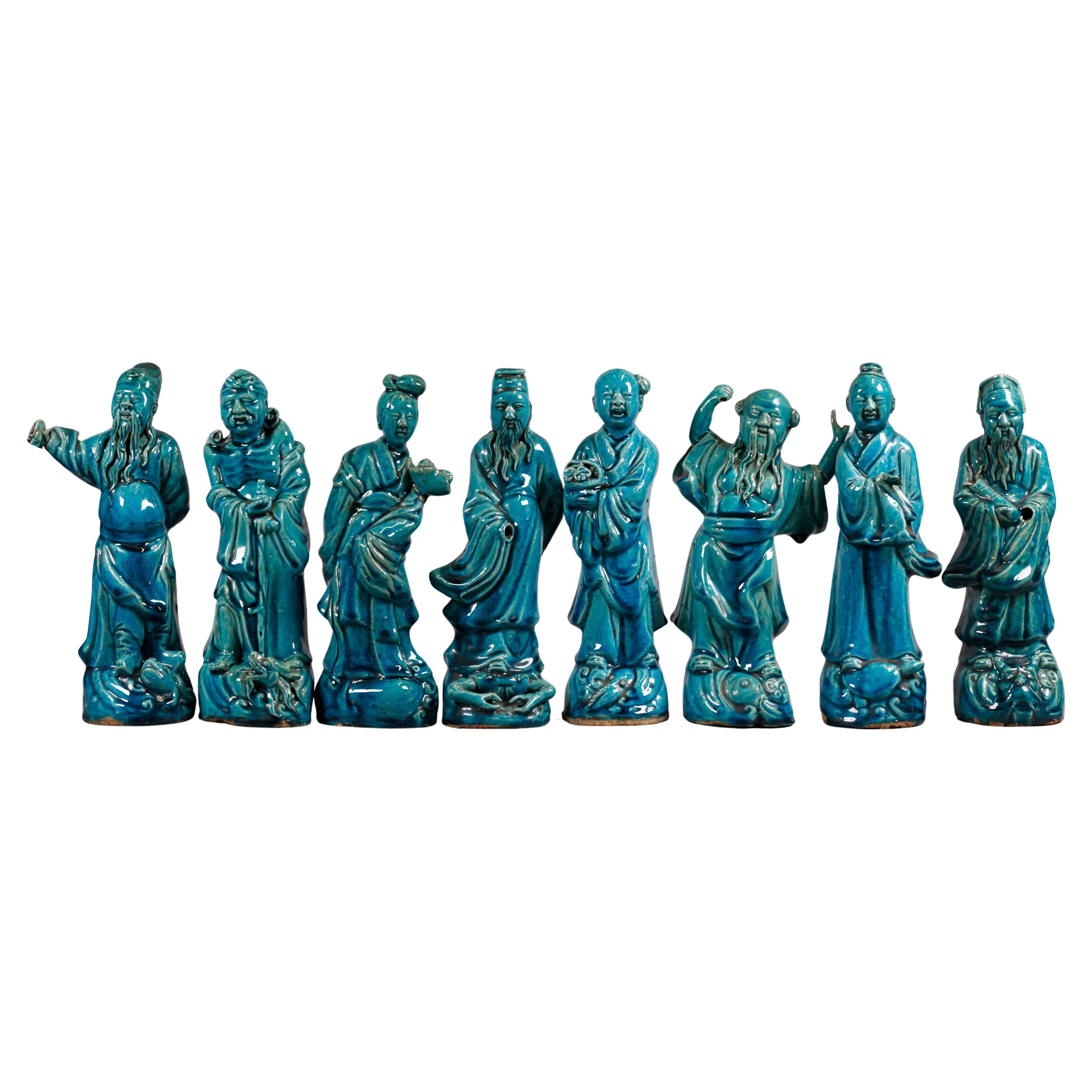 set of 8 Chinese turquoise glazed porcelain immortals, 19th c. For Sale