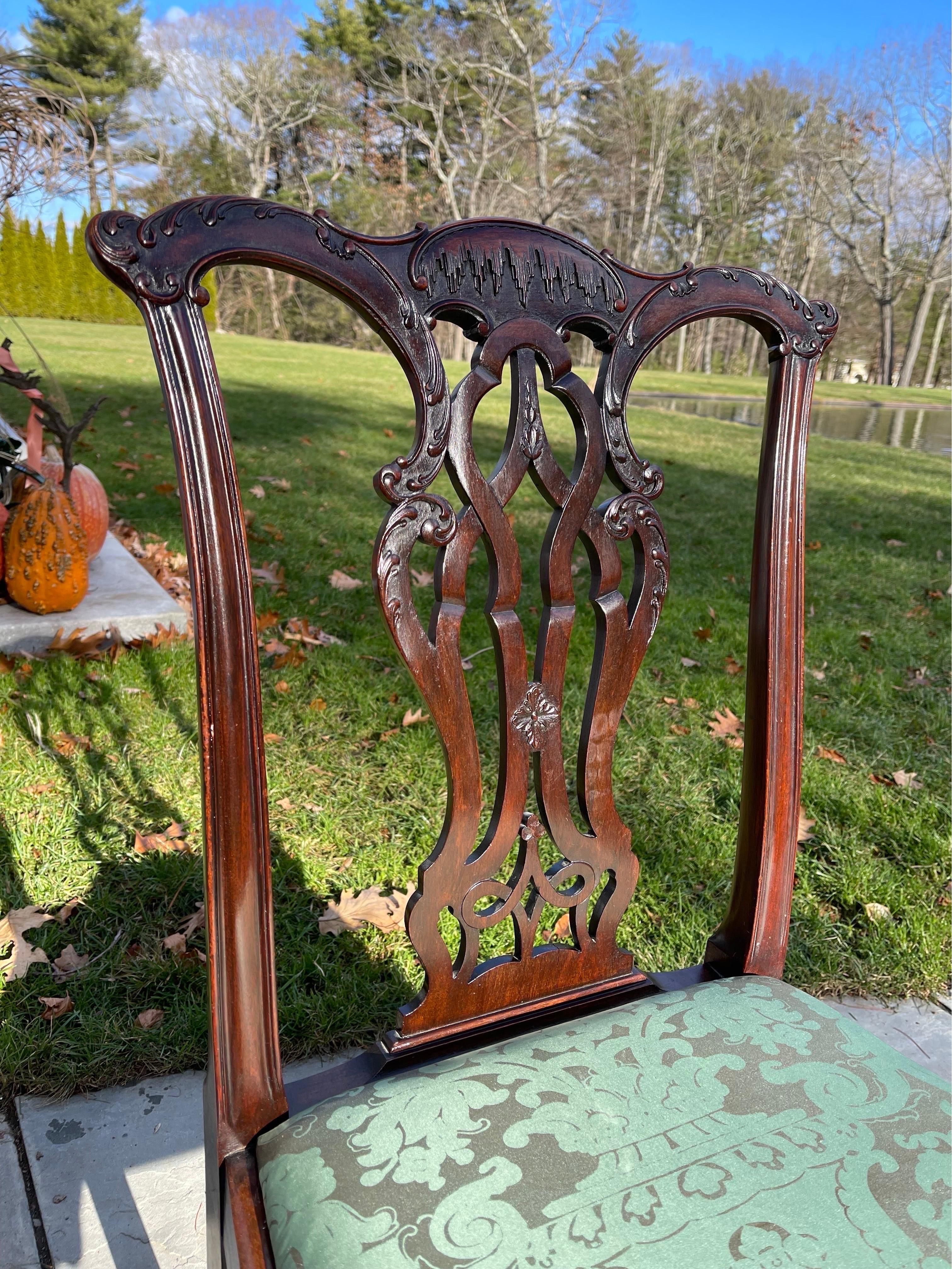 A Set of eight exquisitely proportioned, hand carved Mahogany Chippendale style Dining Chairs, ca 1890. 
The most masculine design in seating of all times periods (because of the bold shoulders and ears on the top of the back and of course the