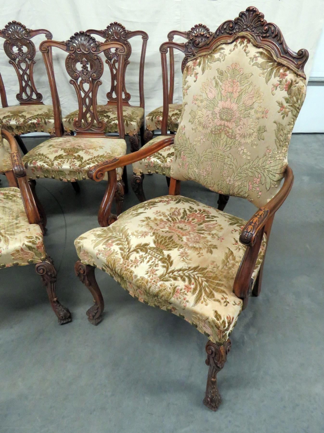 Set of 8 Heavily Carved Chippendale Style Dining Chairs C1920s In Good Condition In Swedesboro, NJ