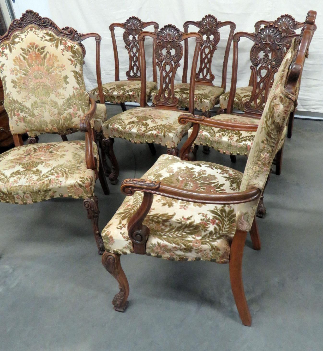 20th Century Set of 8 Heavily Carved Chippendale Style Dining Chairs C1920s