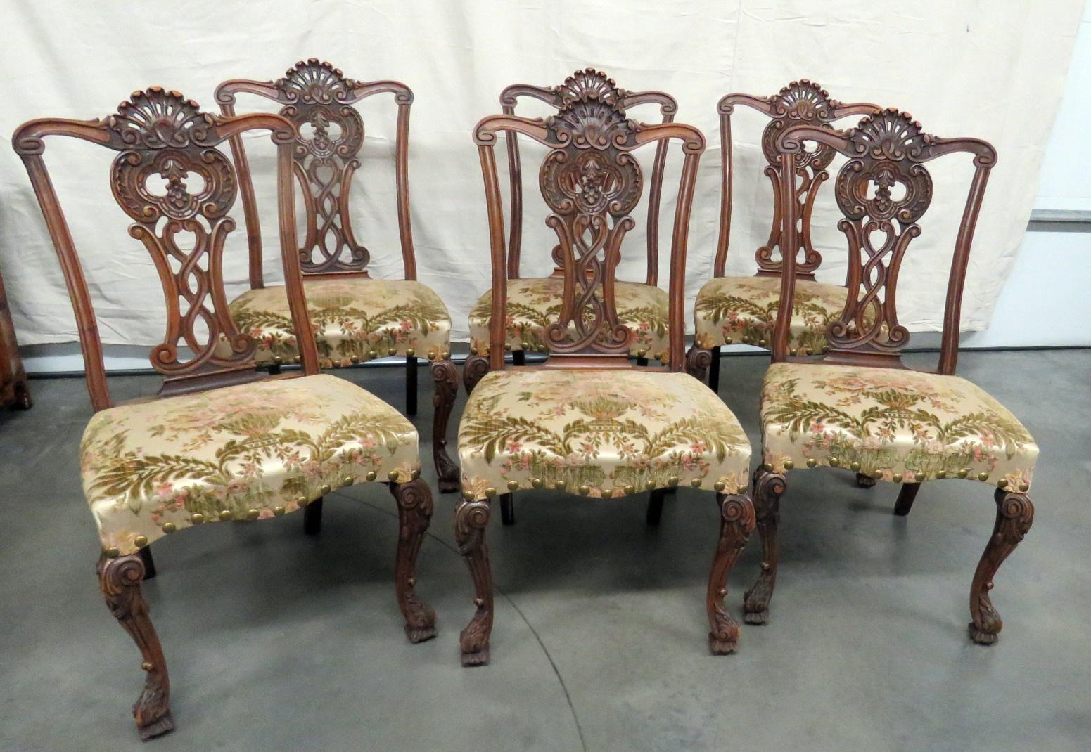 Upholstery Set of 8 Heavily Carved Chippendale Style Dining Chairs C1920s