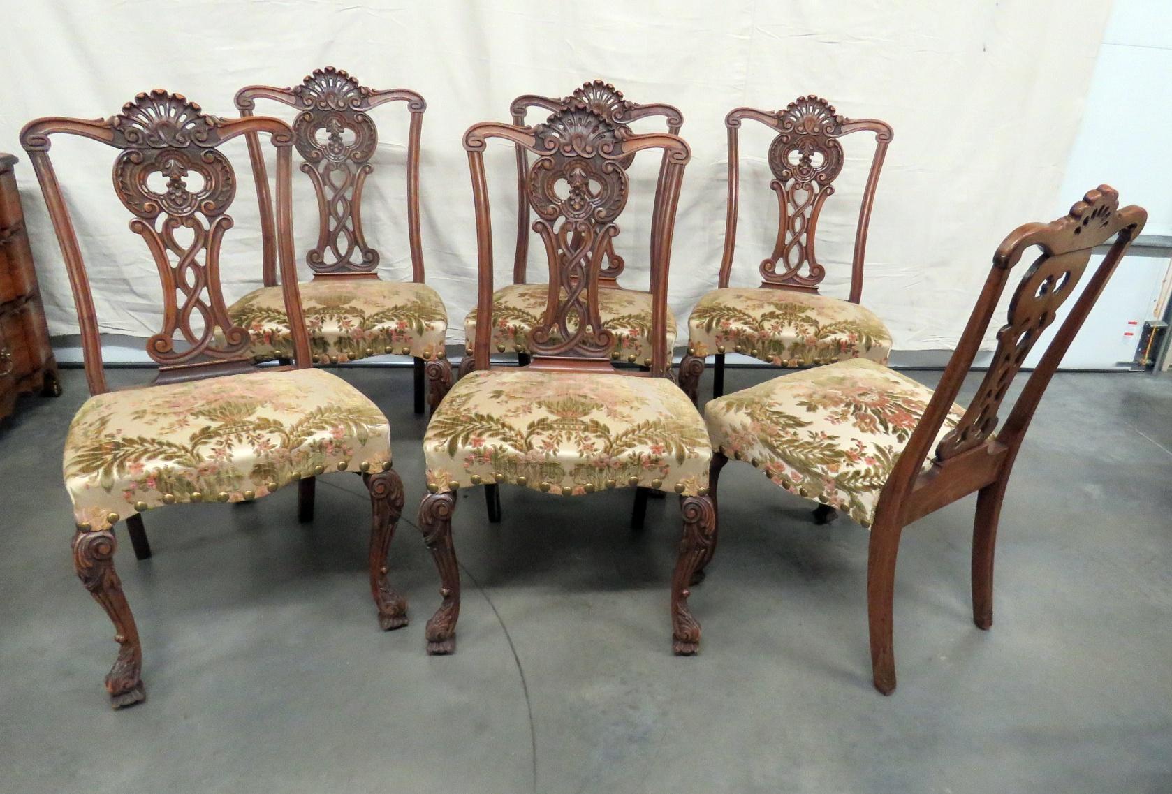 Set of 8 Heavily Carved Chippendale Style Dining Chairs C1920s 1