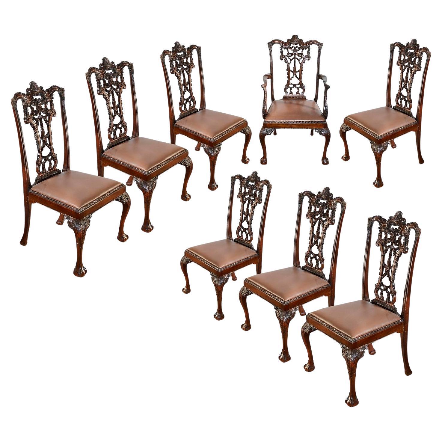 Set of 8 Chippendale style Mahogany ribbon back dining chairs, circa 1880 For Sale