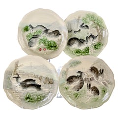 Set of 8 Choisy le Roi Majolica Bunny Plates w Molded Relief Rabbits