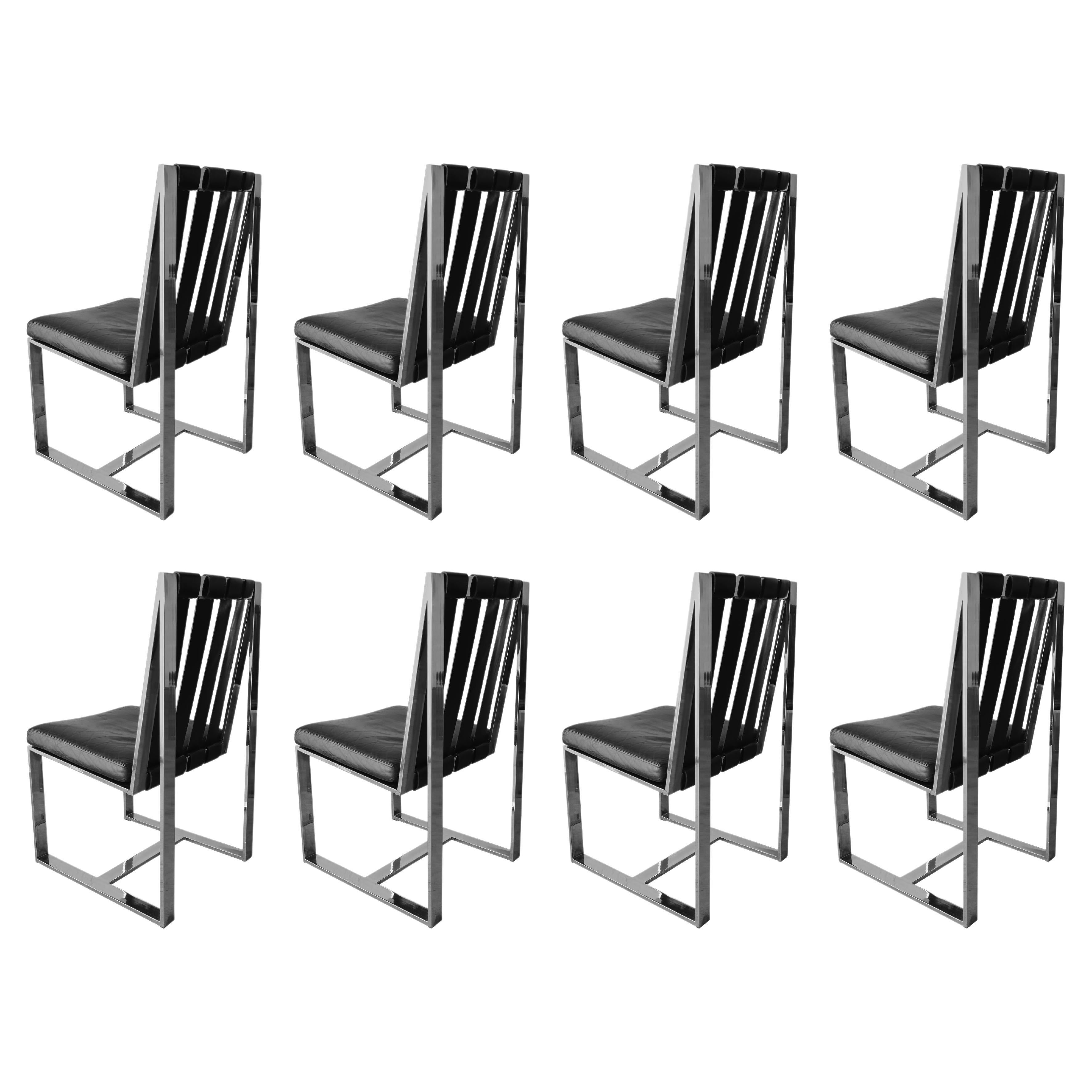 Ensemble de 8 chaises de salle à manger chromées et en cuir en vente