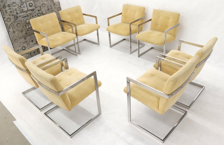 Set of 8 Mid-Century Modern chrome frames suede like gold to light yellow upholstery dining chairs attributed to Milo Baughman.