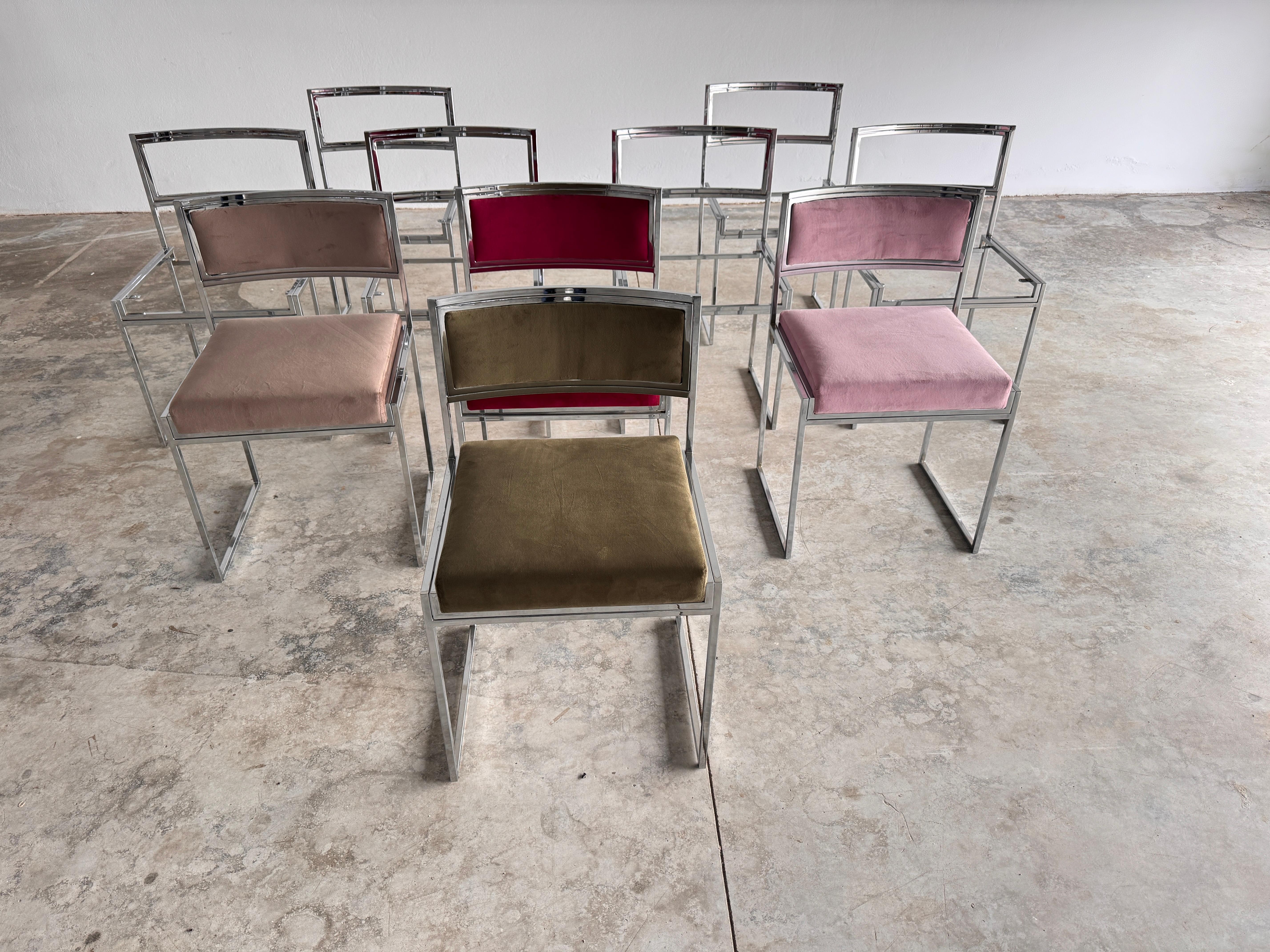 Price per set of eight / available as a set of twelve.
The chairs can be reupholstered in the velvet of your choice or in leather upon request for an additional cost.

A striking example of 1970s French modernism, we are pleased to present this rare