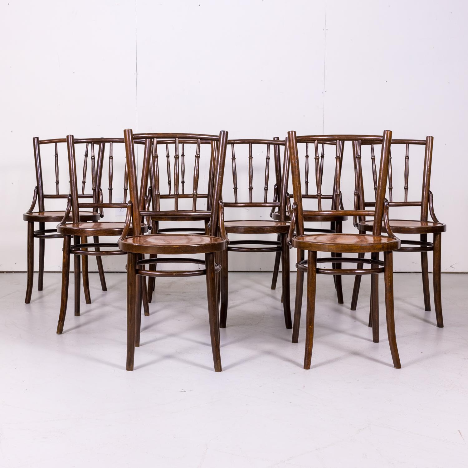 Set of eight Classic bentwood cafe chairs by Mundus and J. & J. Kohn in the Vienna Secessionist style, after Thonet, circa 1920s. Having a beechwood frame and embossed/pressed seat featuring lillies and cattails, this wonderful set is raised on