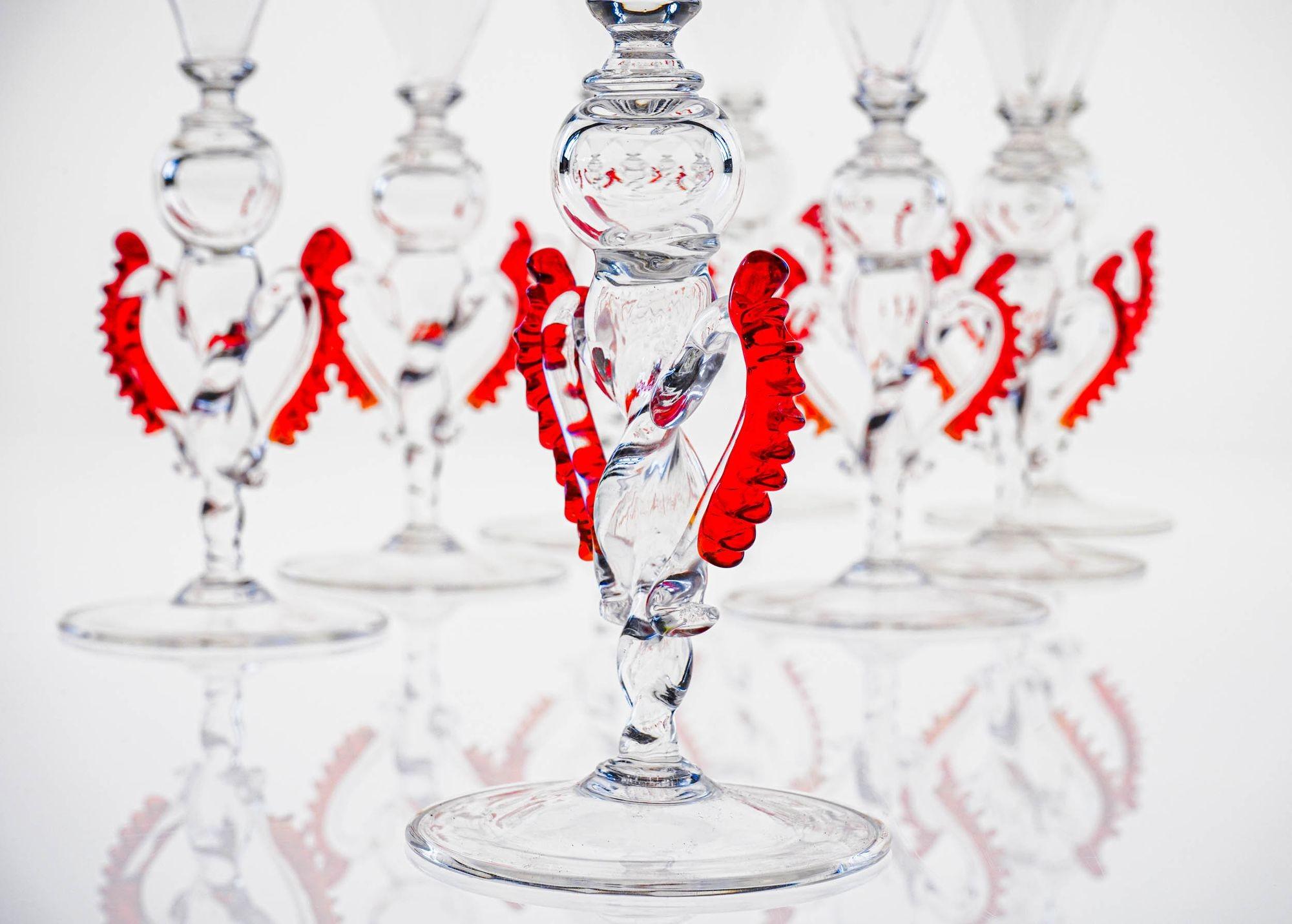 Set of 8 Classic Cenedese Murano Glass Goblets Tipetti, clear with red accents For Sale 4