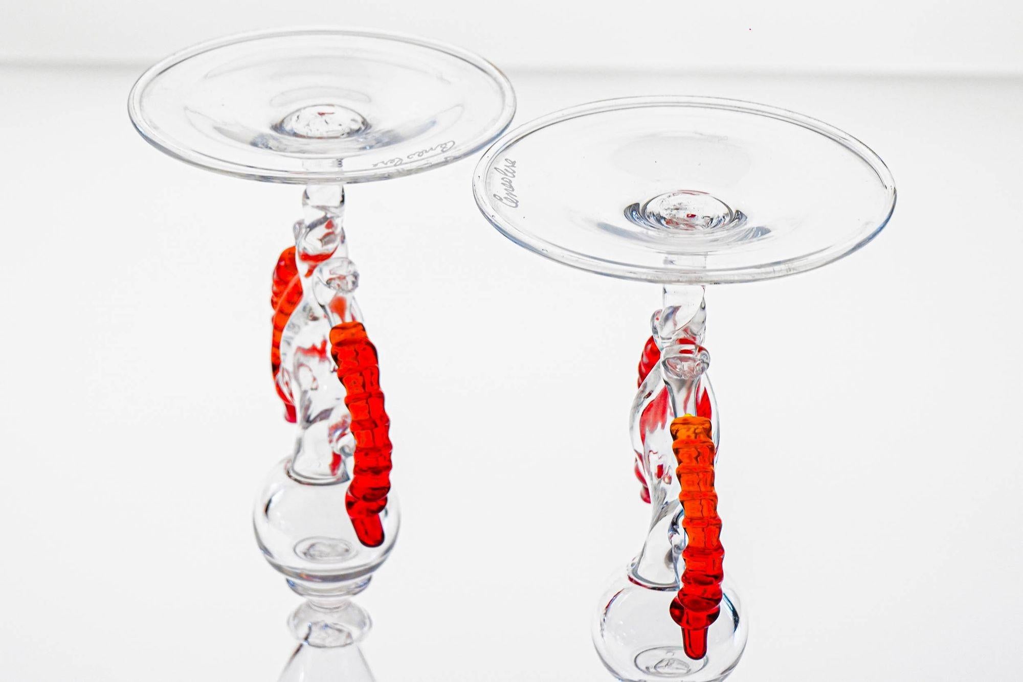 Set of 8 Classic Cenedese Murano Glass Goblets Tipetti, clear with red accents en vente 5