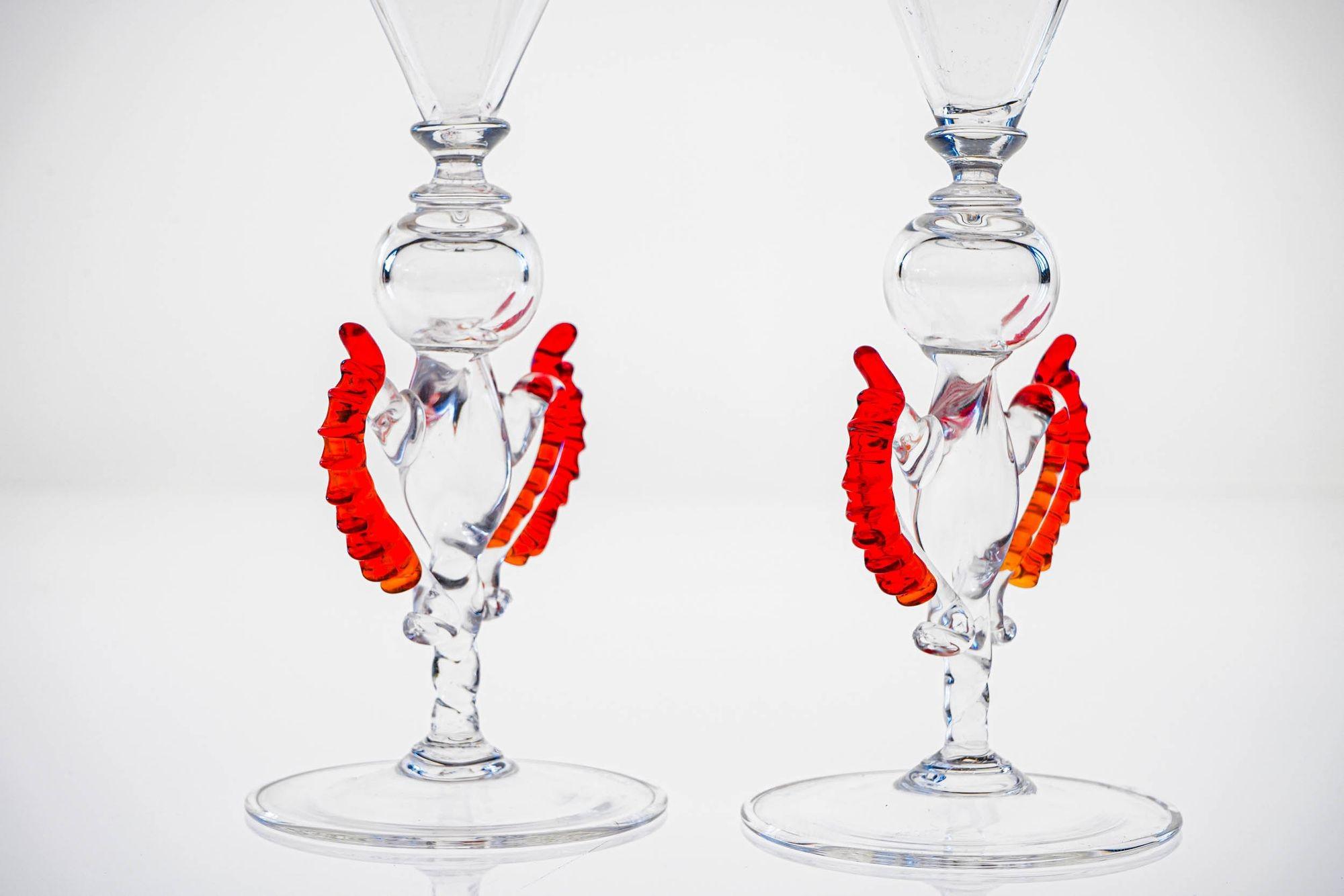 Set of 8 Classic Cenedese Murano Glass Goblets Tipetti, clear with red accents For Sale 8