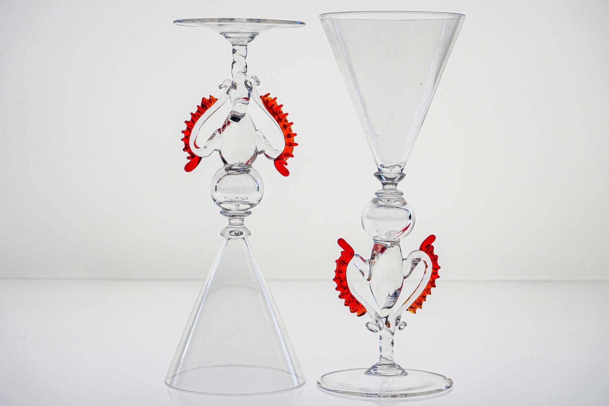 Set of 8 Classic Cenedese Murano Glass Goblets Tipetti, clear with red accents For Sale 9