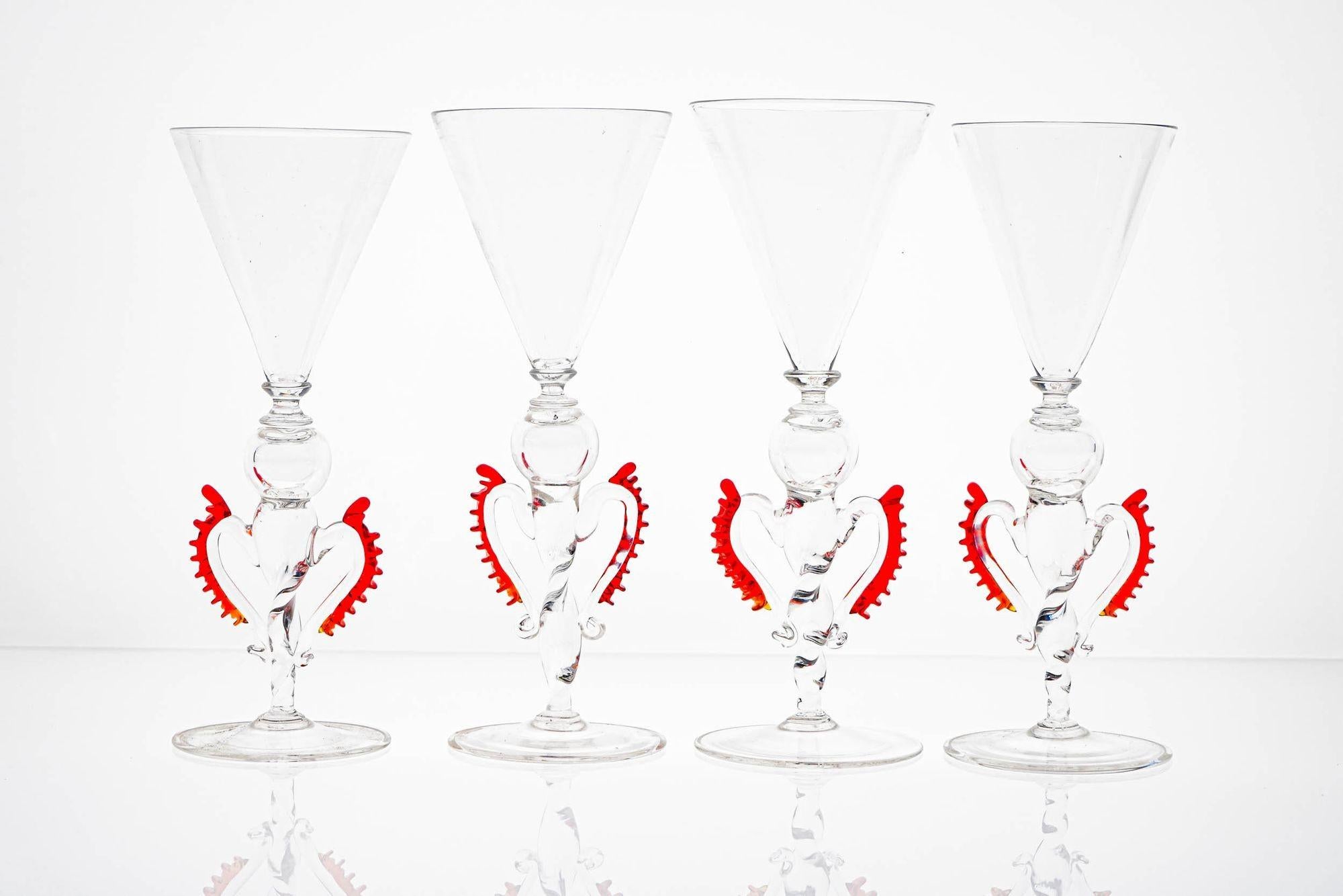Set of 8 Classic Cenedese Murano Glass Goblets Tipetti, clear with red accents For Sale 12