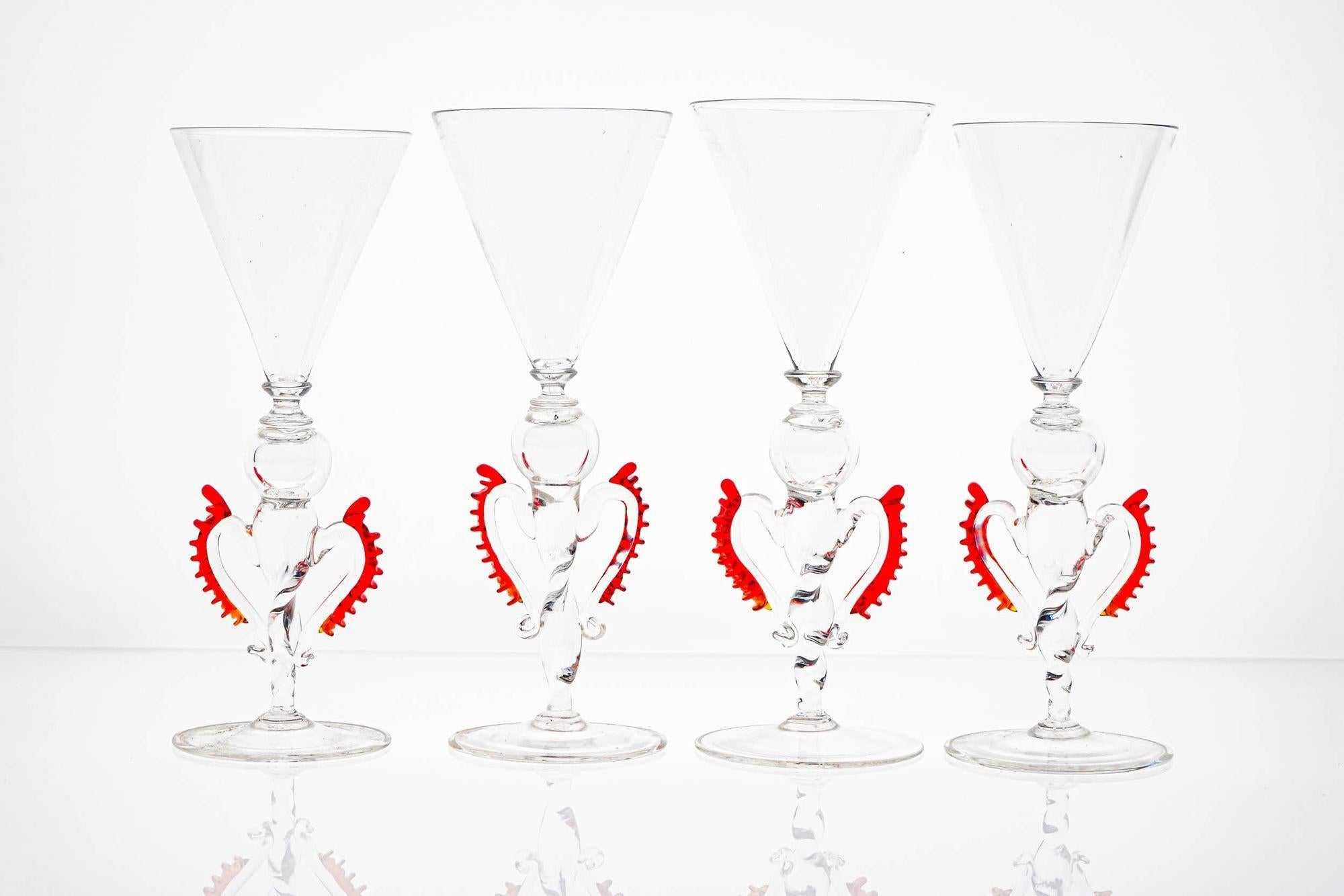 Set of 8 Classic Cenedese Murano Glass Goblets Tipetti, clear with red accents en vente 11