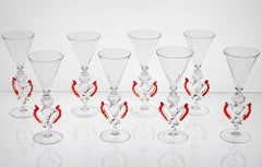 Set of 8 Classic Cenedese Murano Glass Goblets Tipetti, clear with red accents