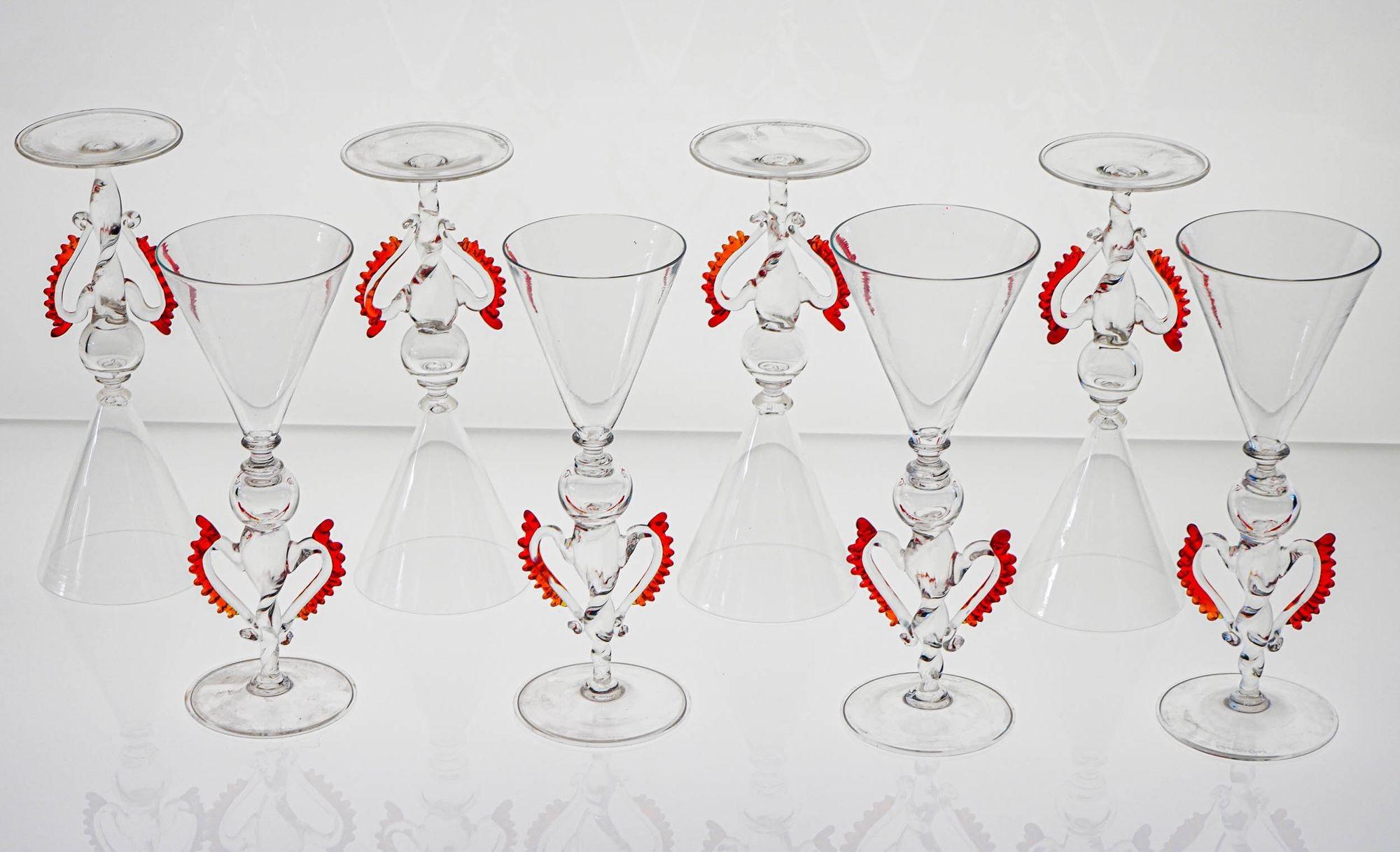 Set of 8 Classic Cenedese Murano Glass Goblets Tipetti, clear with red accents For Sale 2