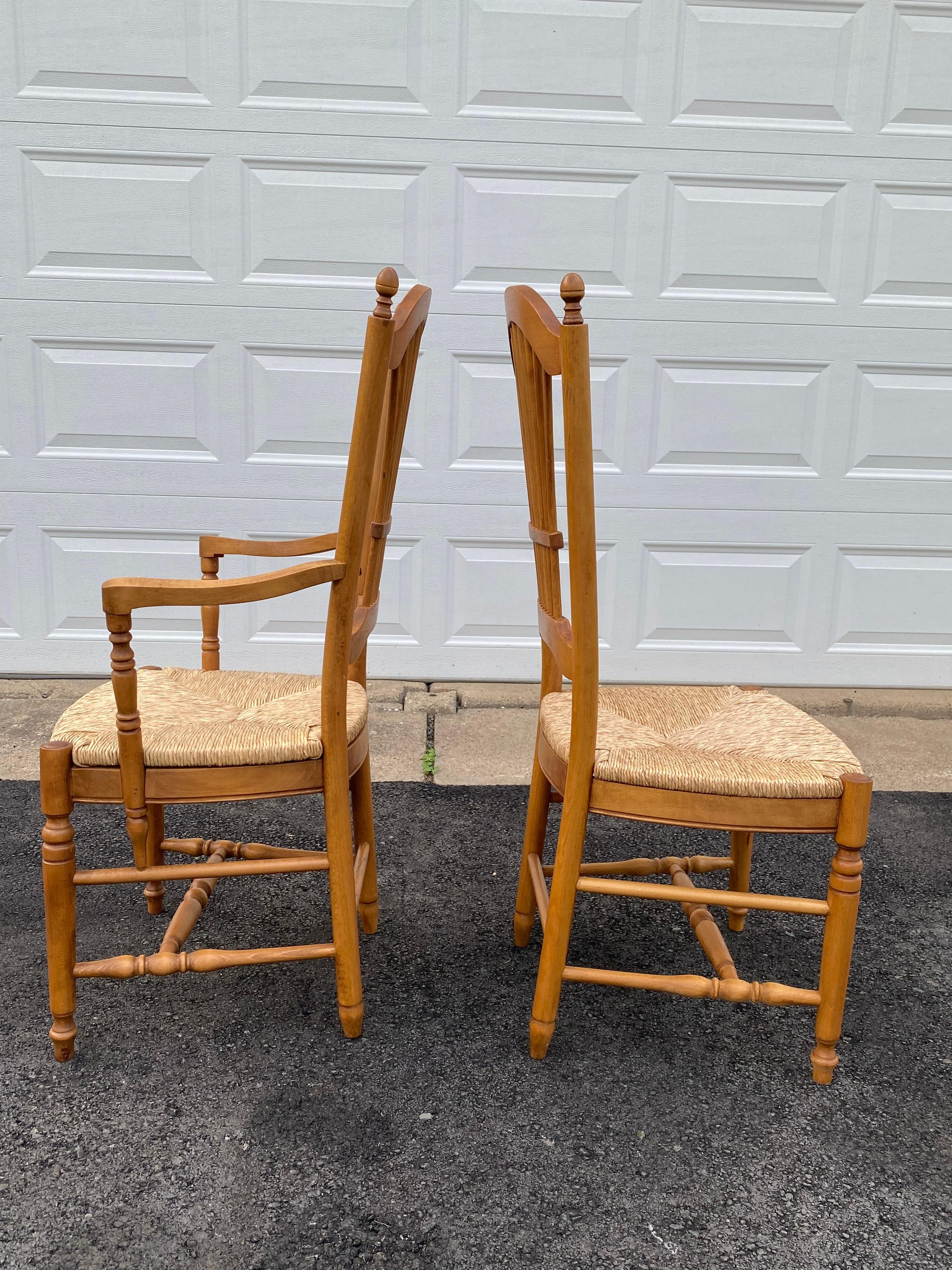 Late 20th Century Set of 8 Classic Vintage French Wheat Sheaf Motif Dining Chairs with Rush Seats