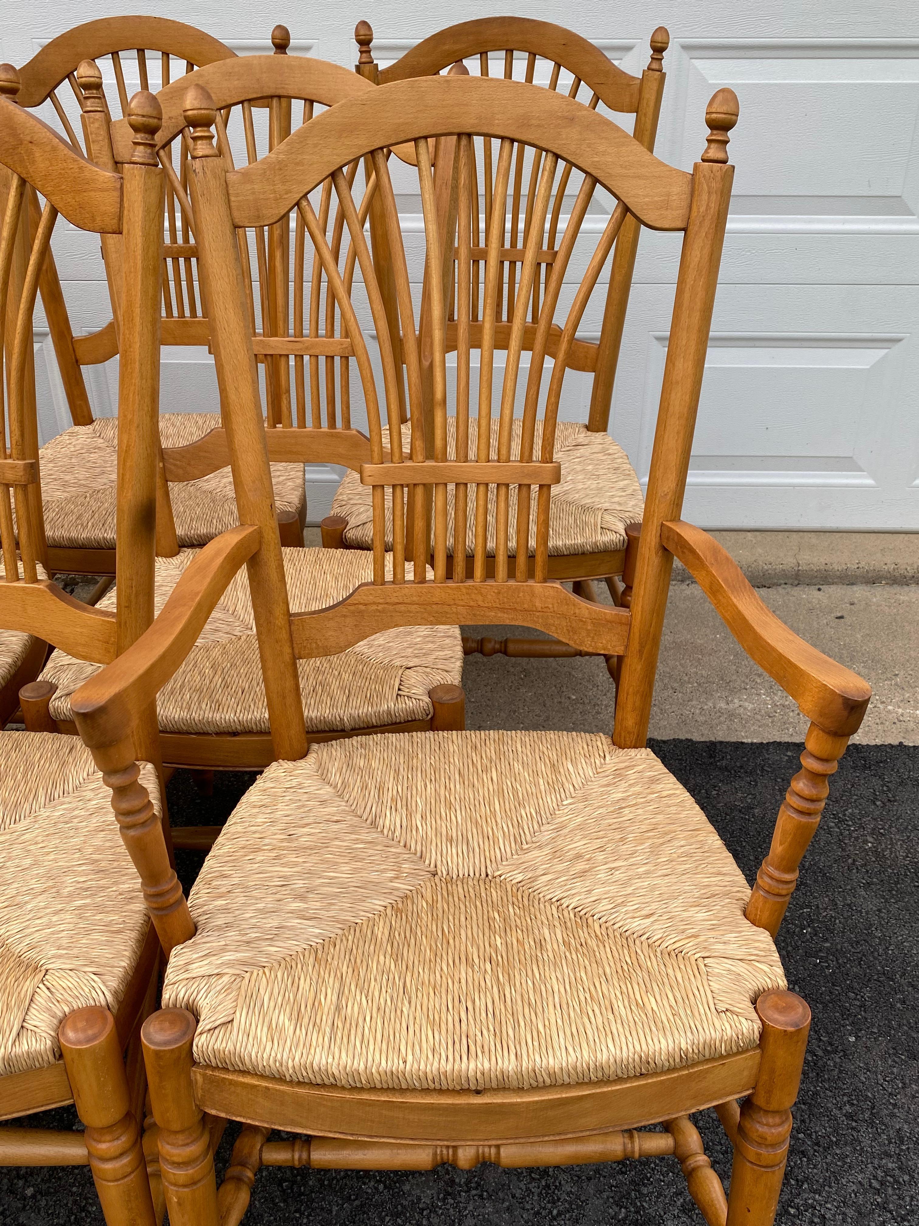 Set of 8 Classic Vintage French Wheat Sheaf Motif Dining Chairs with Rush Seats 1
