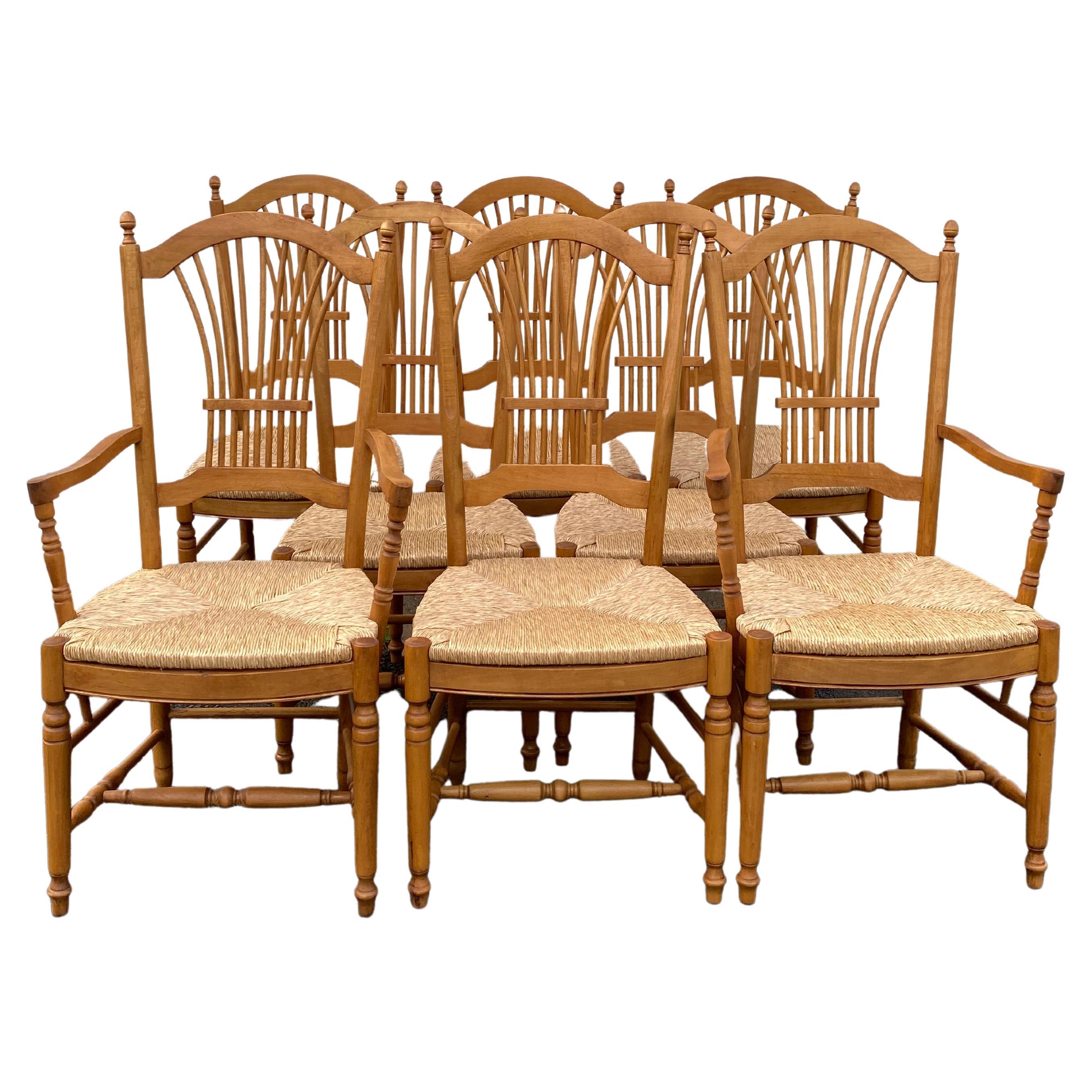 Set of 8 Classic Vintage French Wheat Sheaf Motif Dining Chairs with Rush Seats