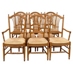Set of 8 Classic Retro French Wheat Sheaf Motif Dining Chairs with Rush Seats