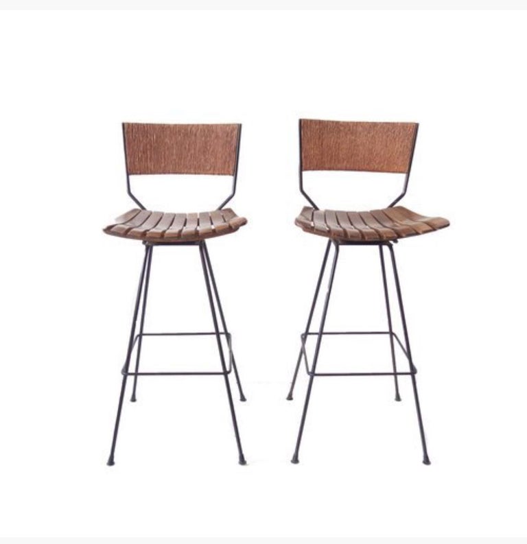 Set of 8 Clean Lined Mid Century Rattan and Metal Bar Stools For Sale