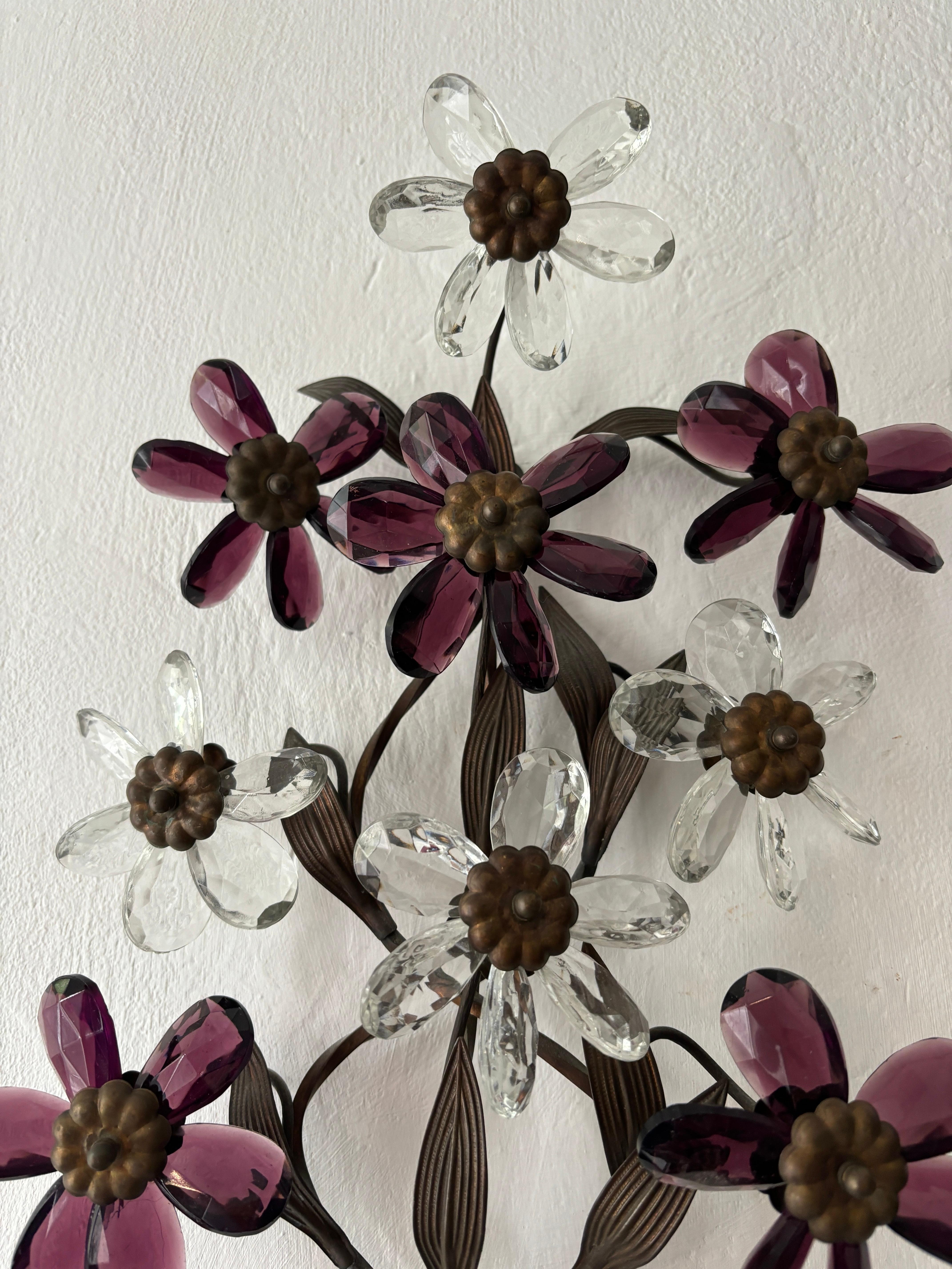 Set of 8 Clear & Amethyst Flower Maison Baguès Crystal Flower Sconces Signed For Sale 4
