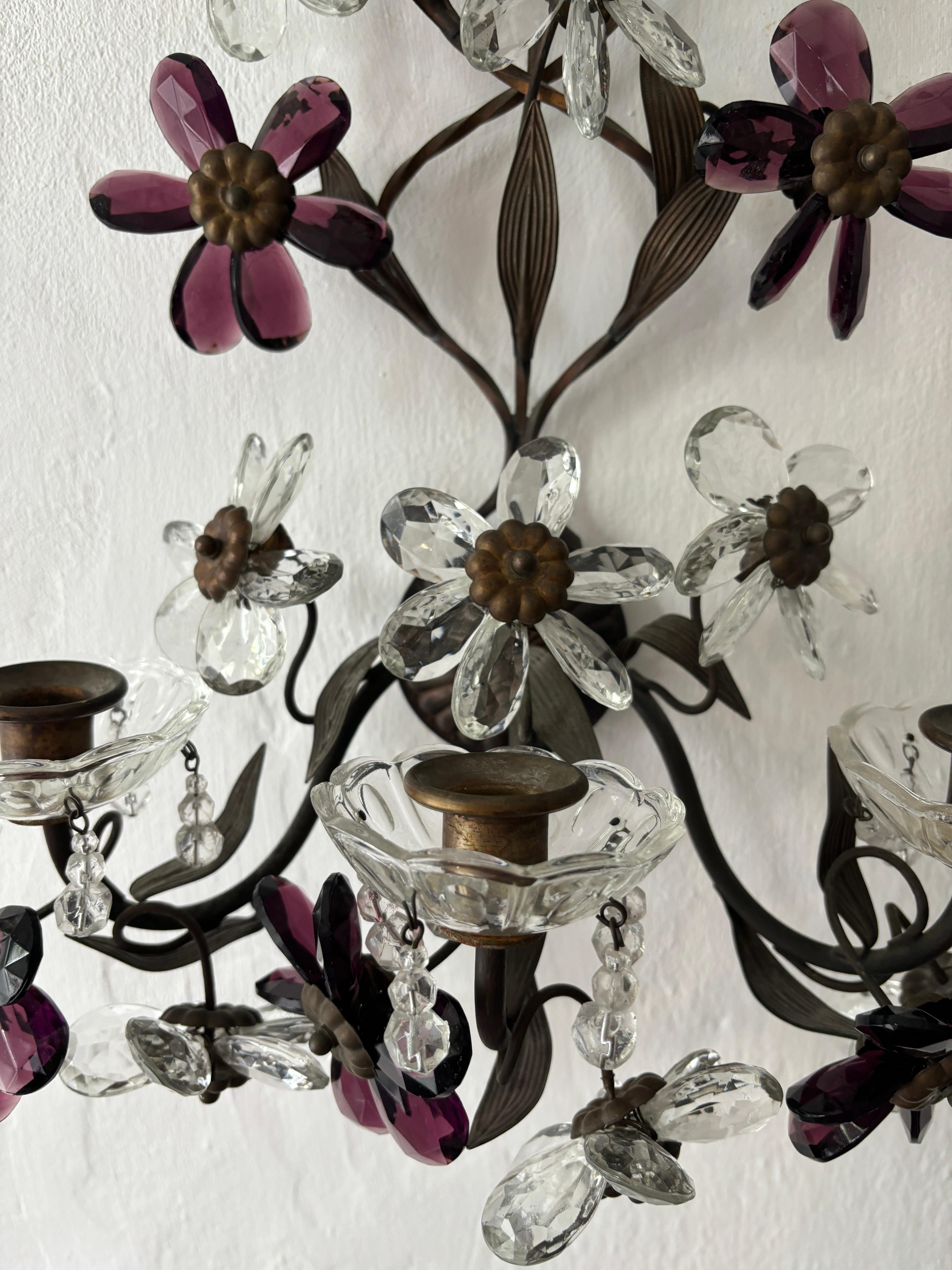Set of 8 Clear & Amethyst Flower Maison Baguès Crystal Flower Sconces Signed For Sale 5