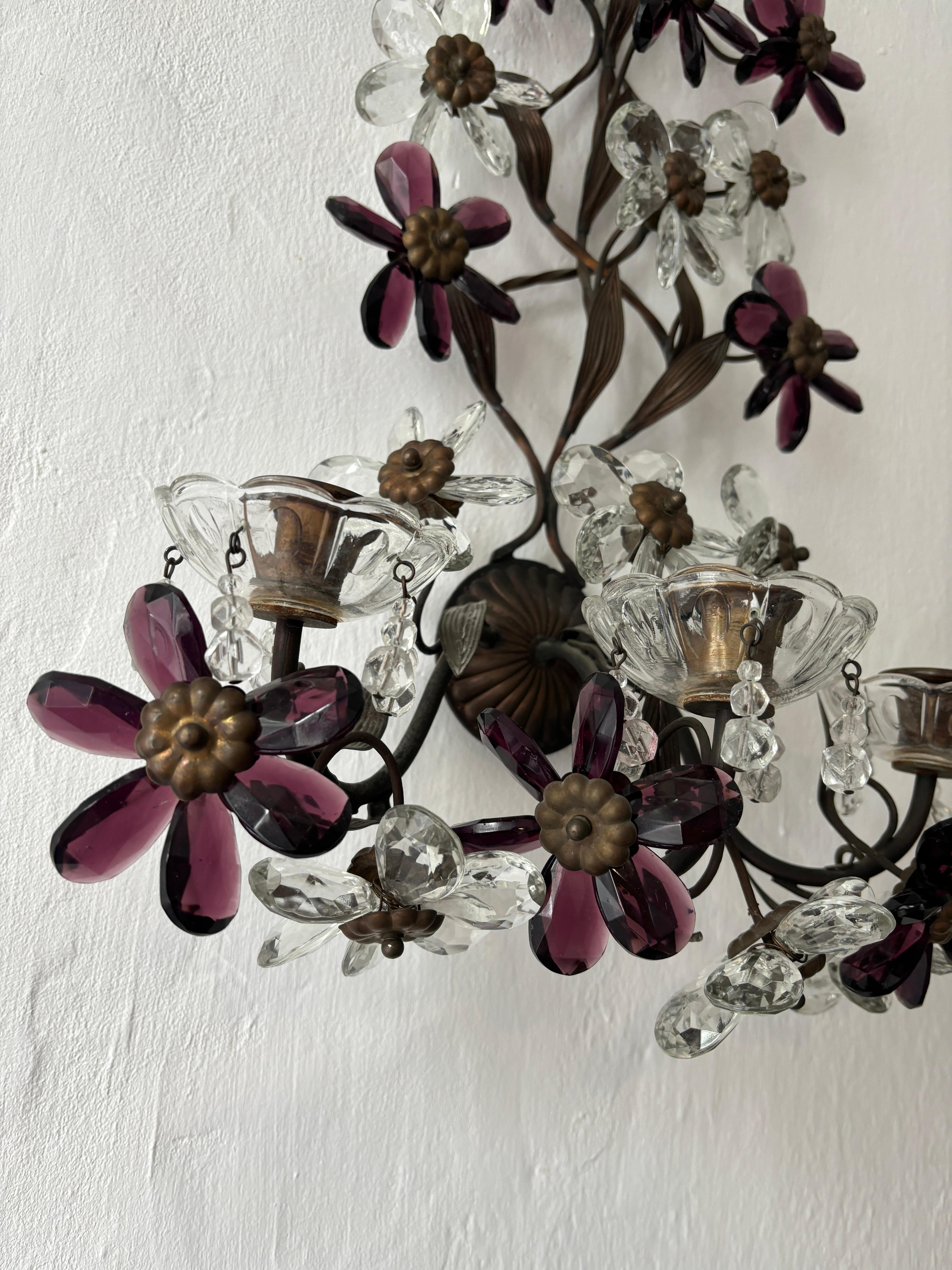 Set of 8 Clear & Amethyst Flower Maison Baguès Crystal Flower Sconces Signed For Sale 6