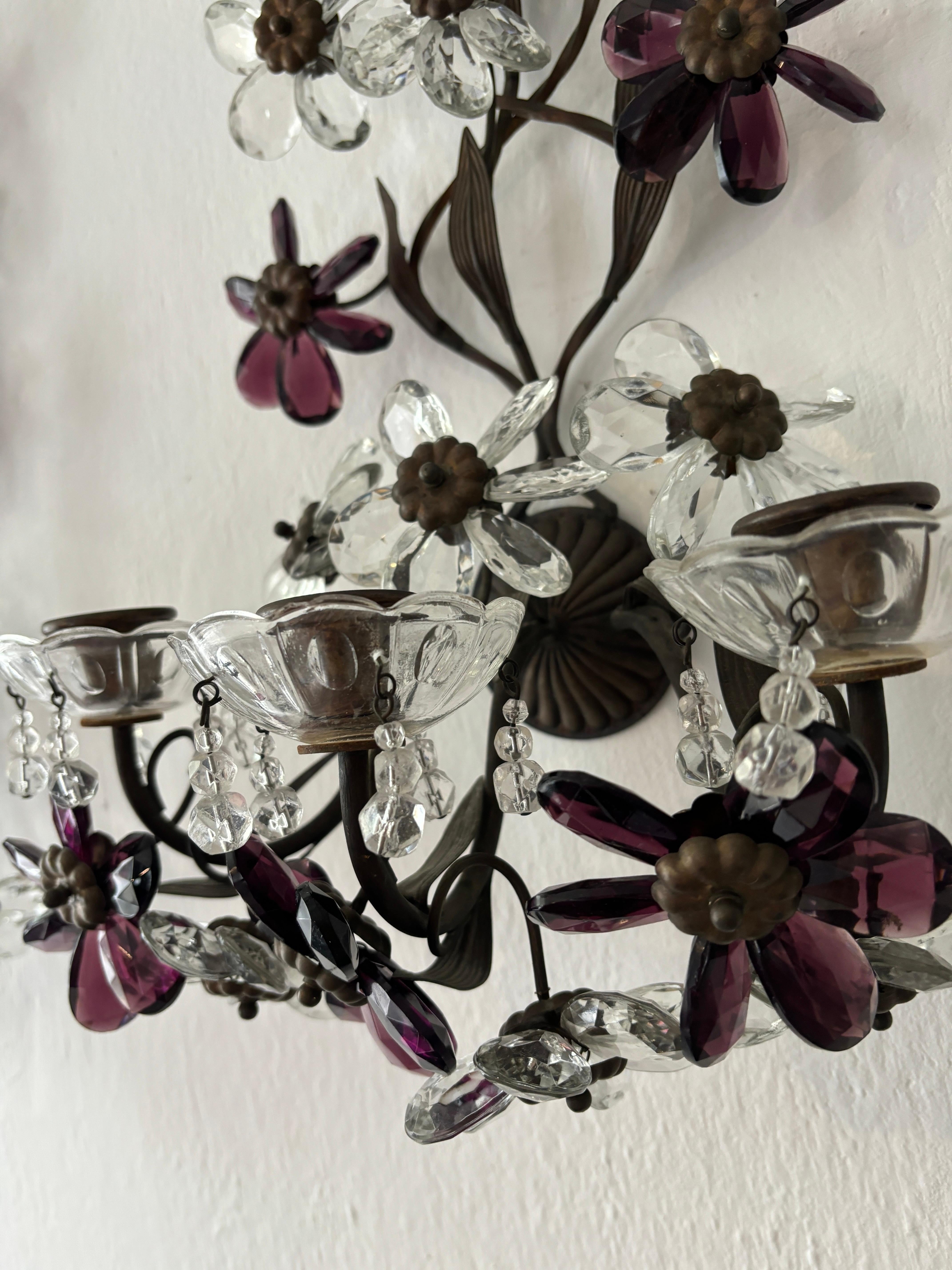 Set of 8 Clear & Amethyst Flower Maison Baguès Crystal Flower Sconces Signed For Sale 1