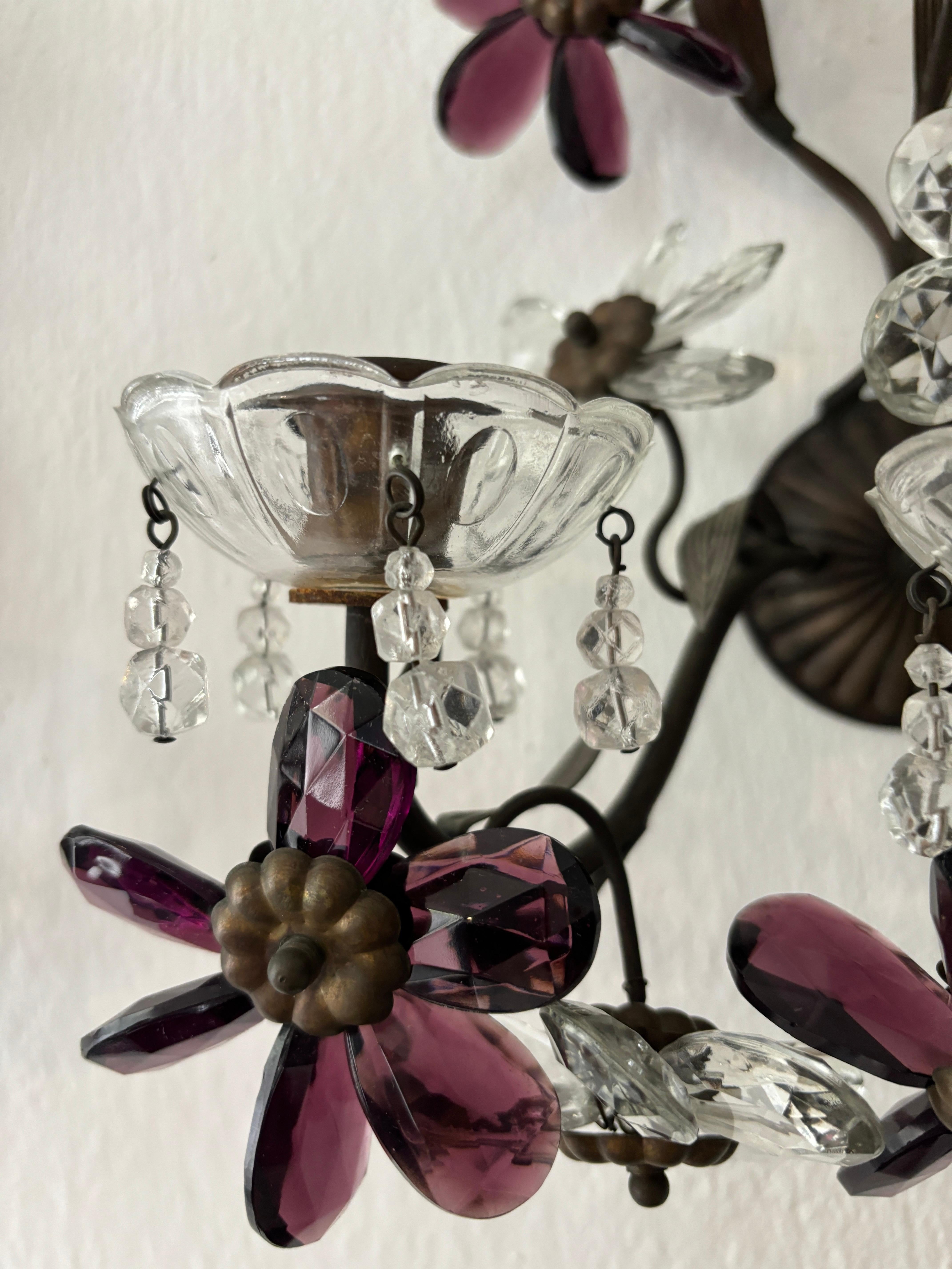 Set of 8 Clear & Amethyst Flower Maison Baguès Crystal Flower Sconces Signed For Sale 2